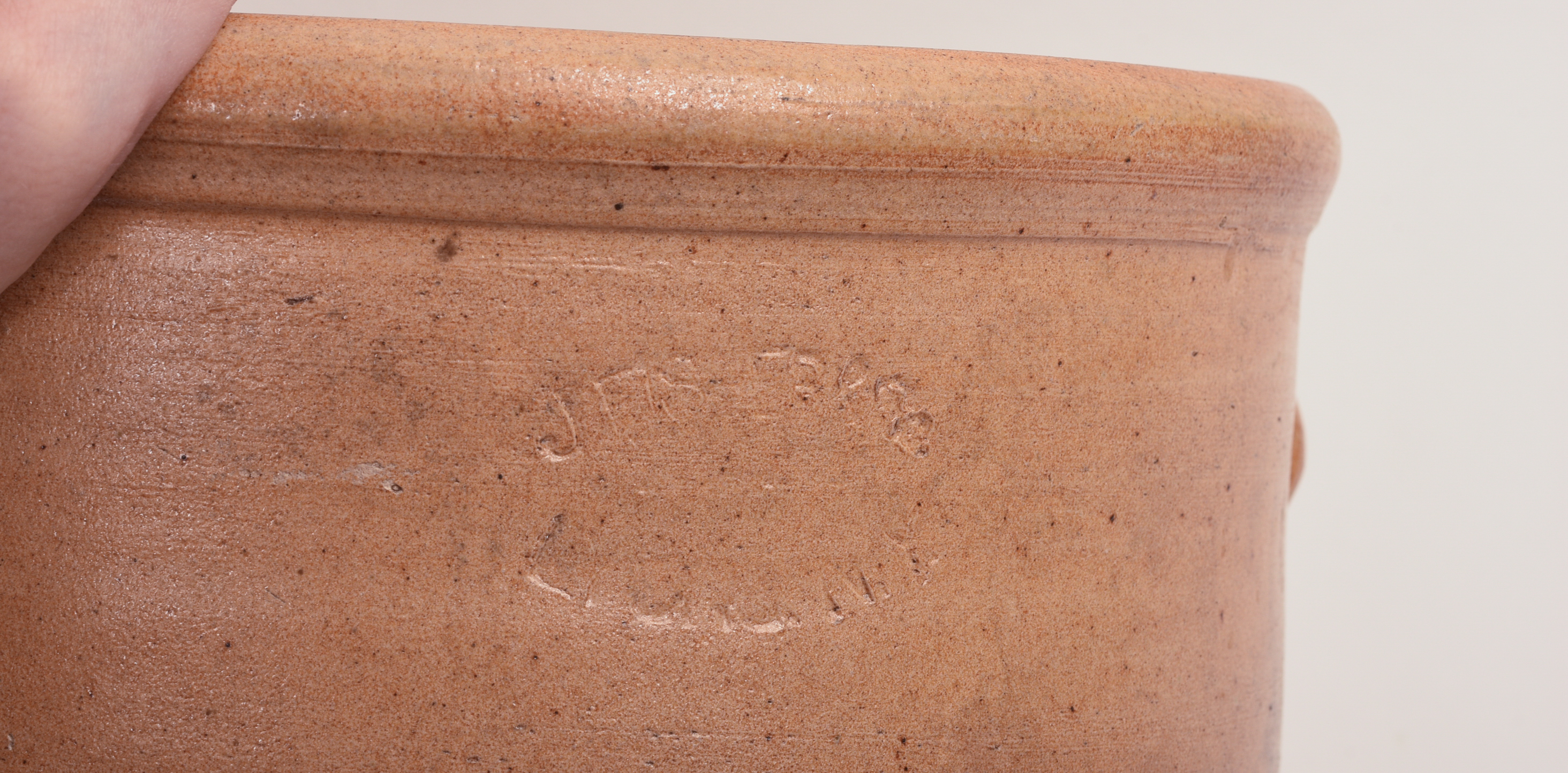J. FISHER COBALT DECORATED TWO-GALLON STONEWARE CROCK.