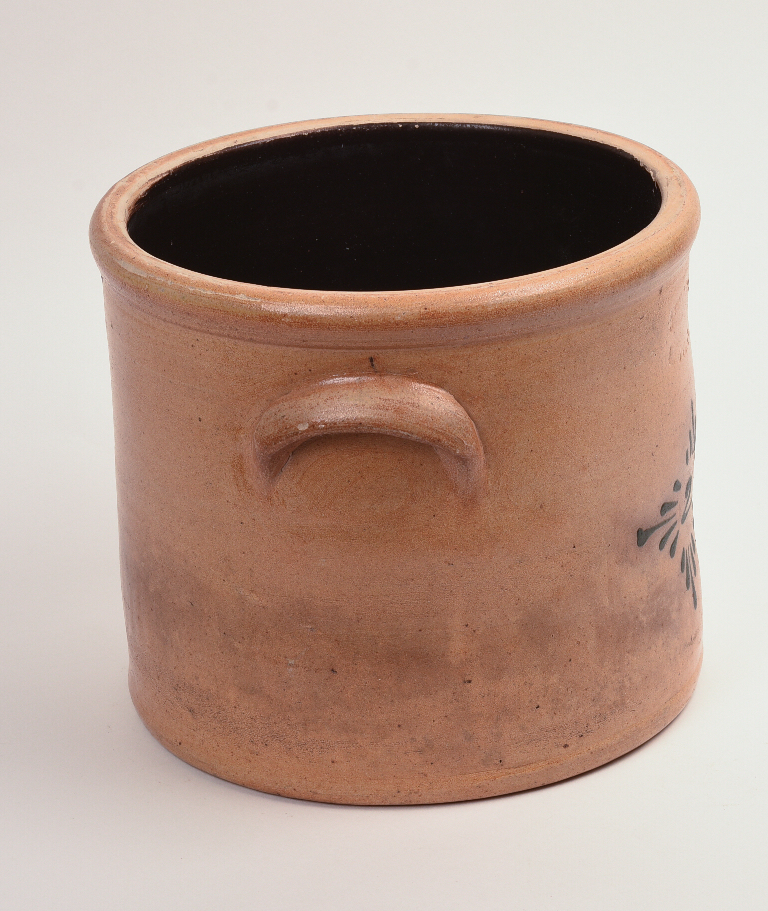 J. FISHER COBALT DECORATED TWO-GALLON STONEWARE CROCK.