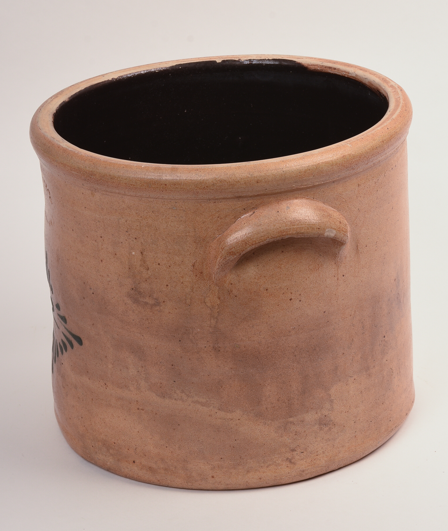 J. FISHER COBALT DECORATED TWO-GALLON STONEWARE CROCK.