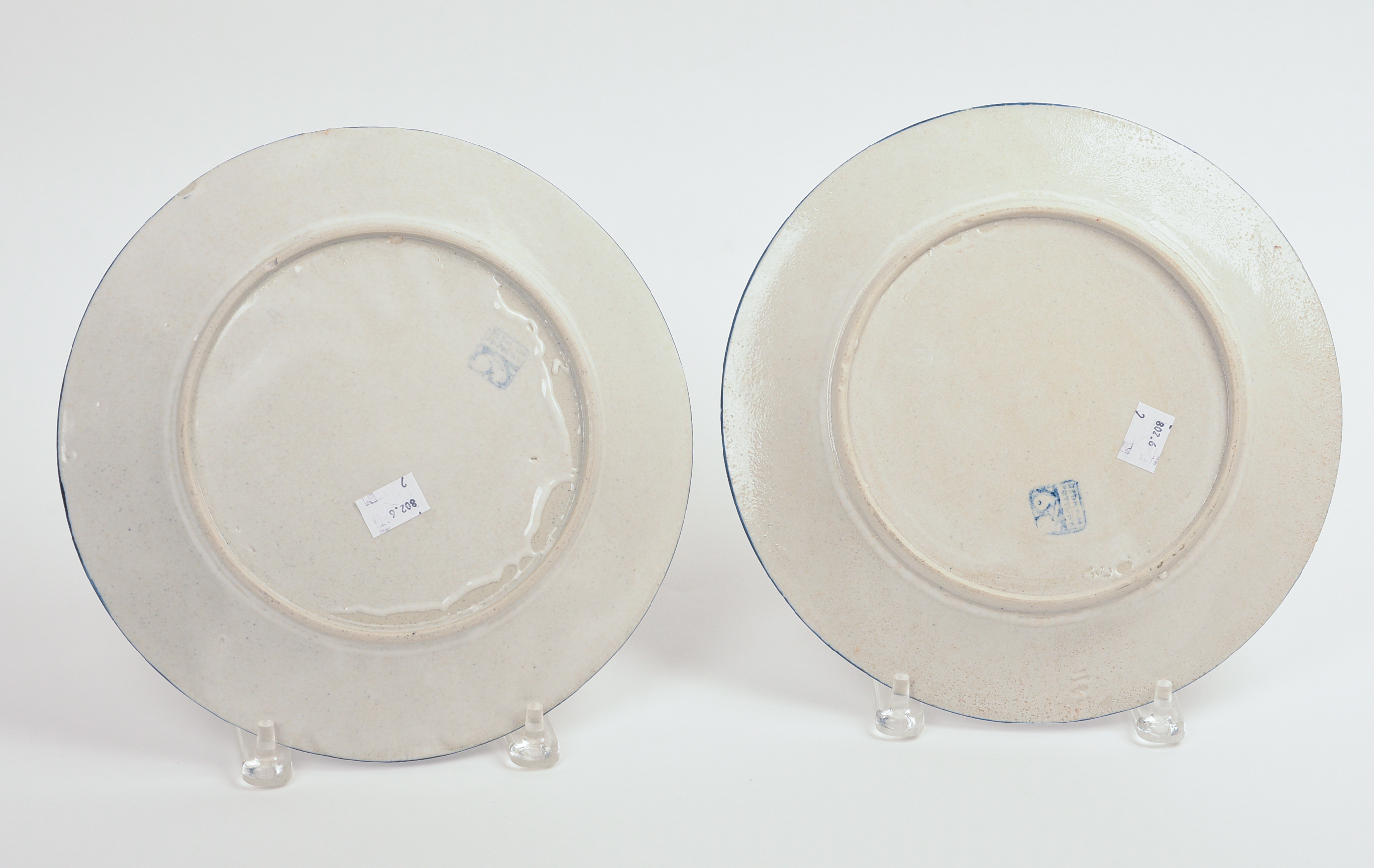 TWO DEDHAM POTTERY RABBIT PATTERN PLATES.