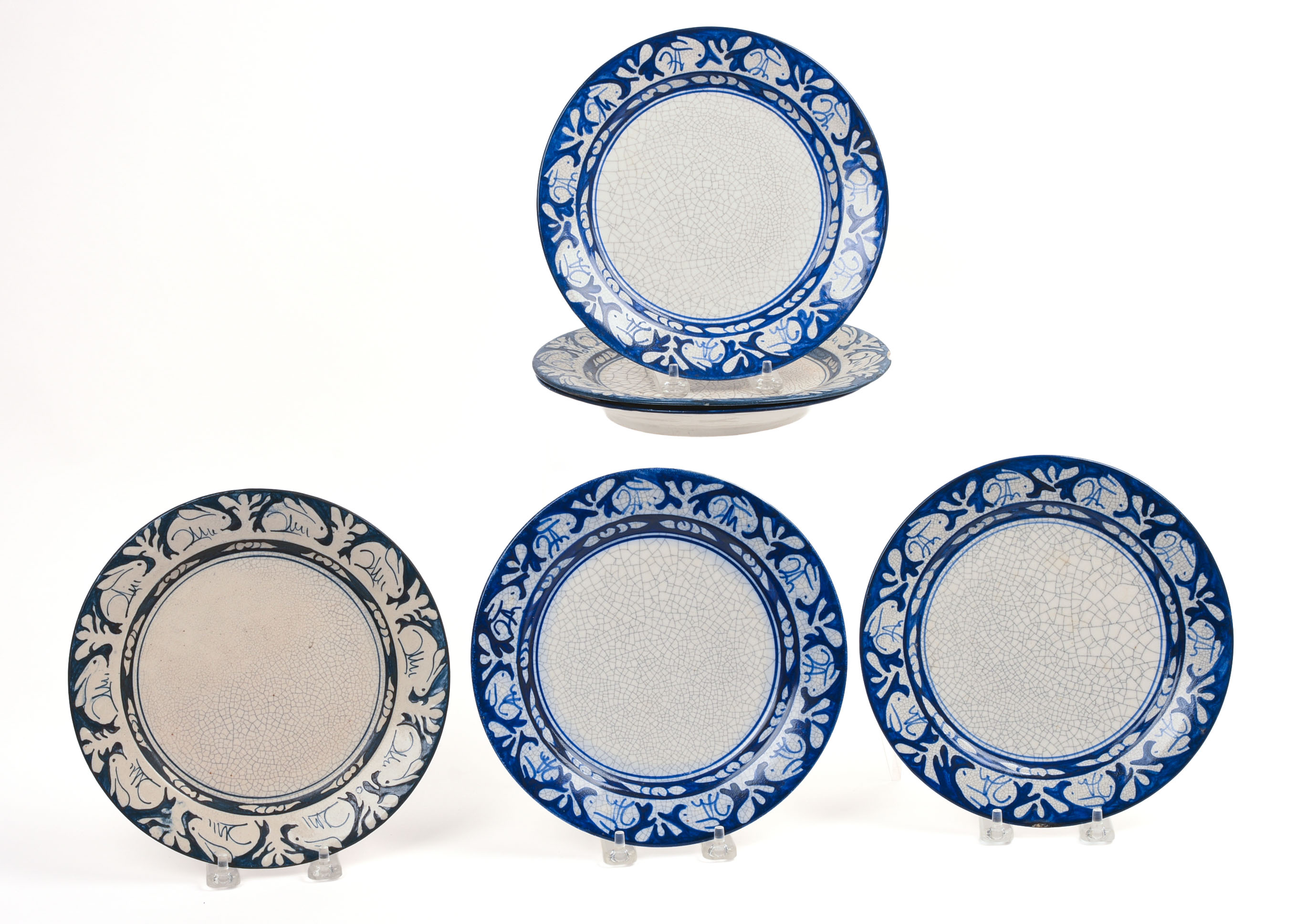 SIX DEDHAM POTTERY RABBIT PATTERN PLATES.