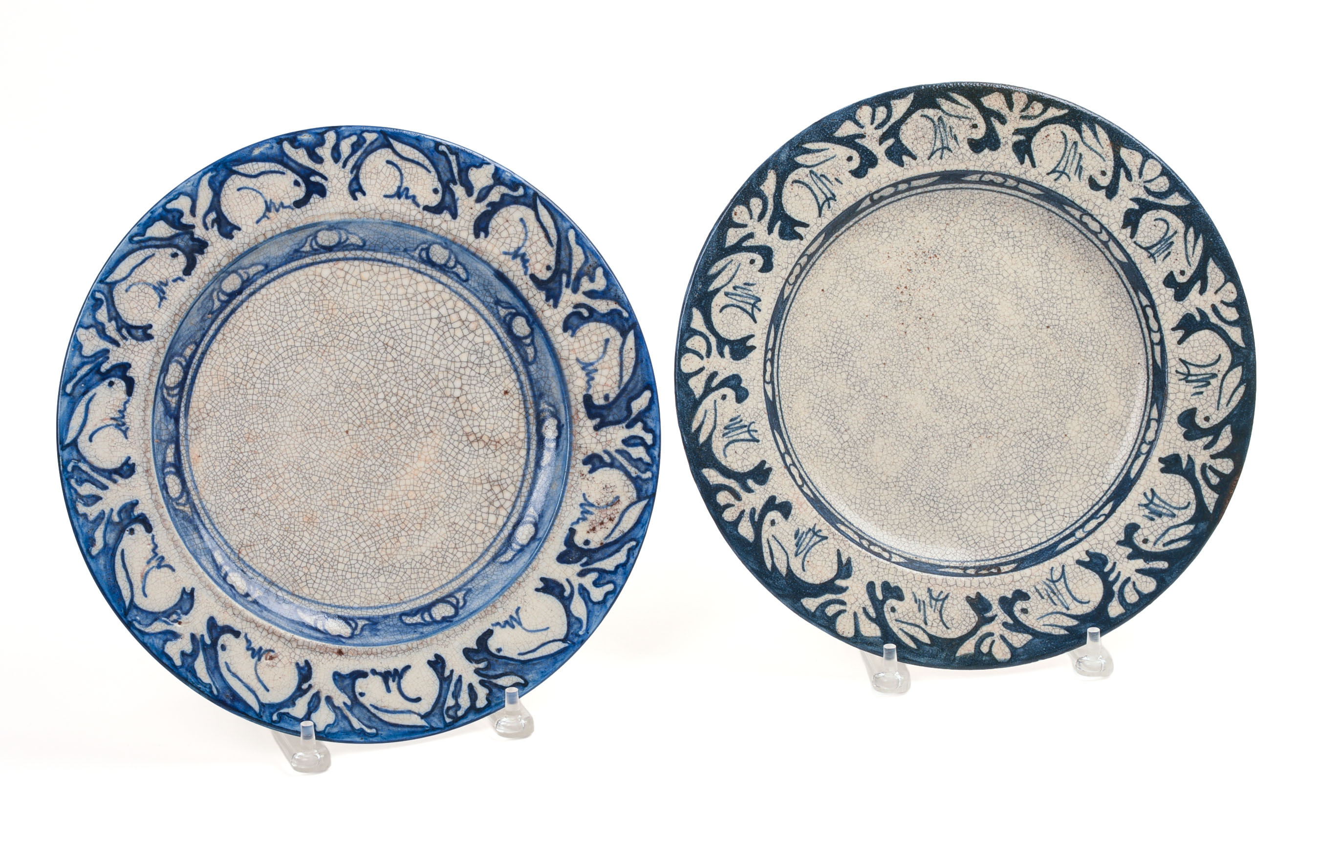 TWO DEDHAM POTTERY RABBIT PATTERN SERVING PLATES.