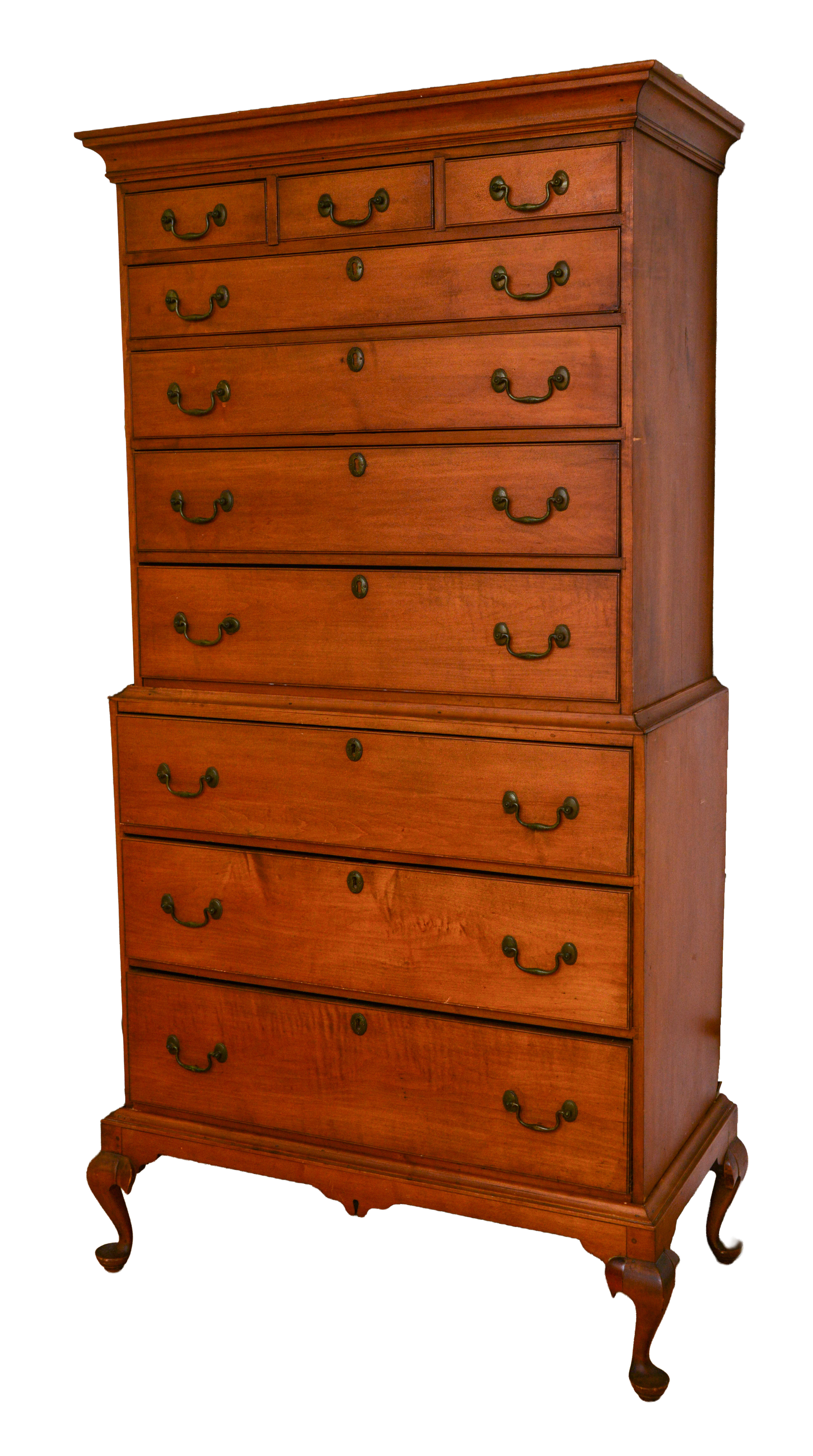 18TH CENTURY QUEEN ANNE MAPLE CHEST ON CHEST ON FRAME.