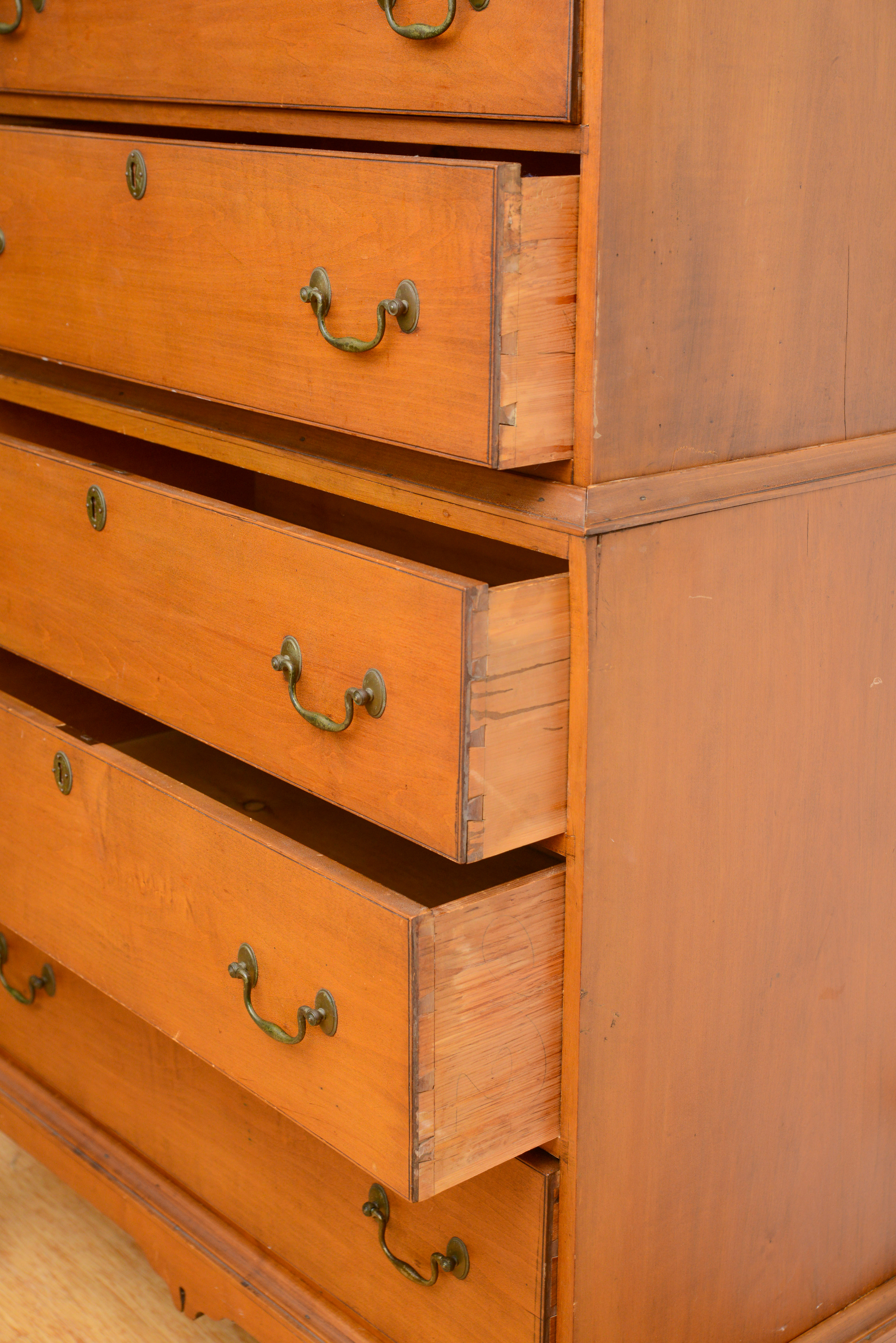18TH CENTURY QUEEN ANNE MAPLE CHEST ON CHEST ON FRAME.