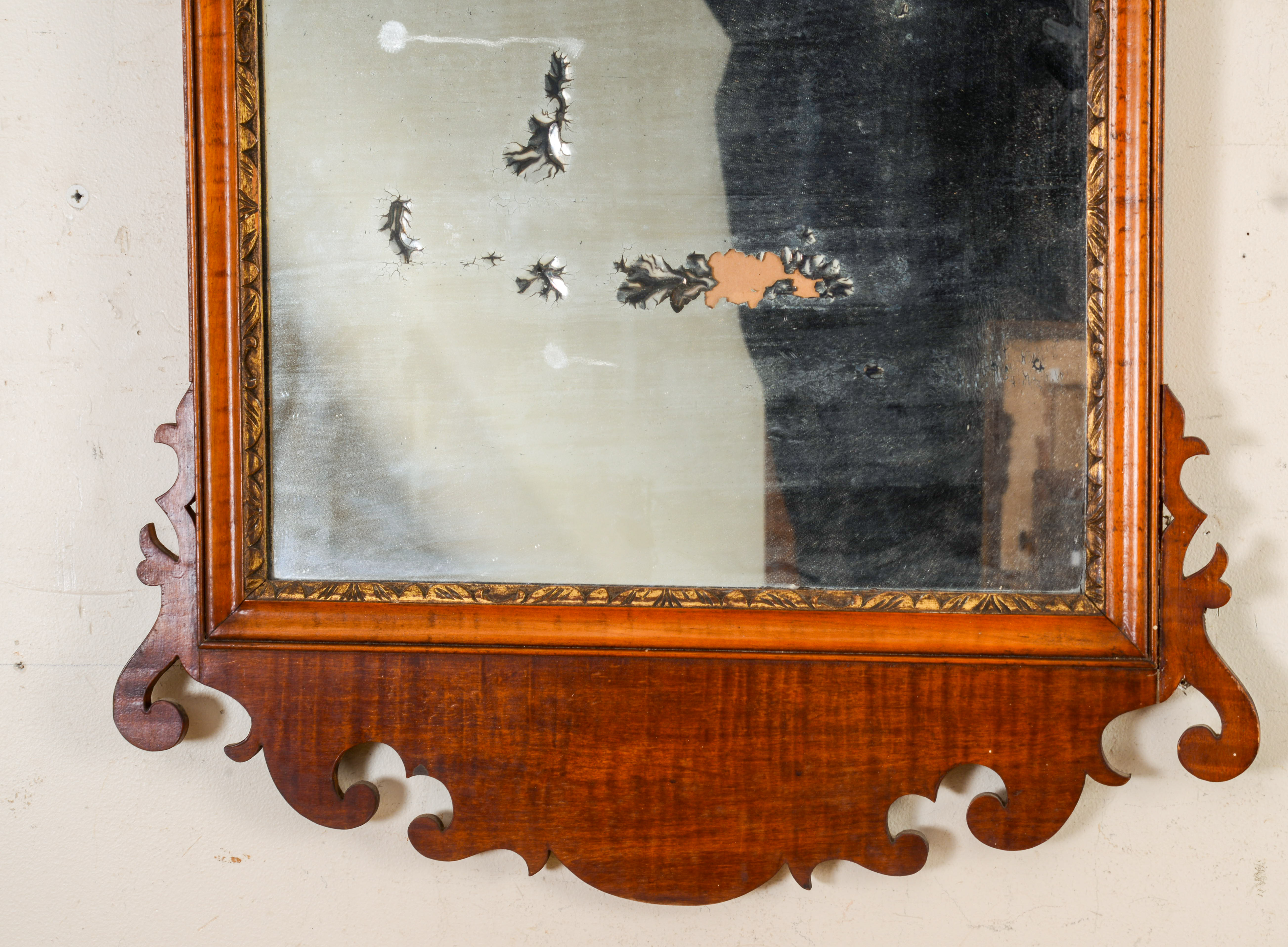 19TH C TIGER MAPLE CHIPPENDALE MIRROR.