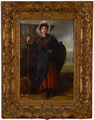 19TH CENTURY PORTRAIT OF A WOMAN BY THE SEASHORE. Oil on canvas in a fine 19th century gilt 