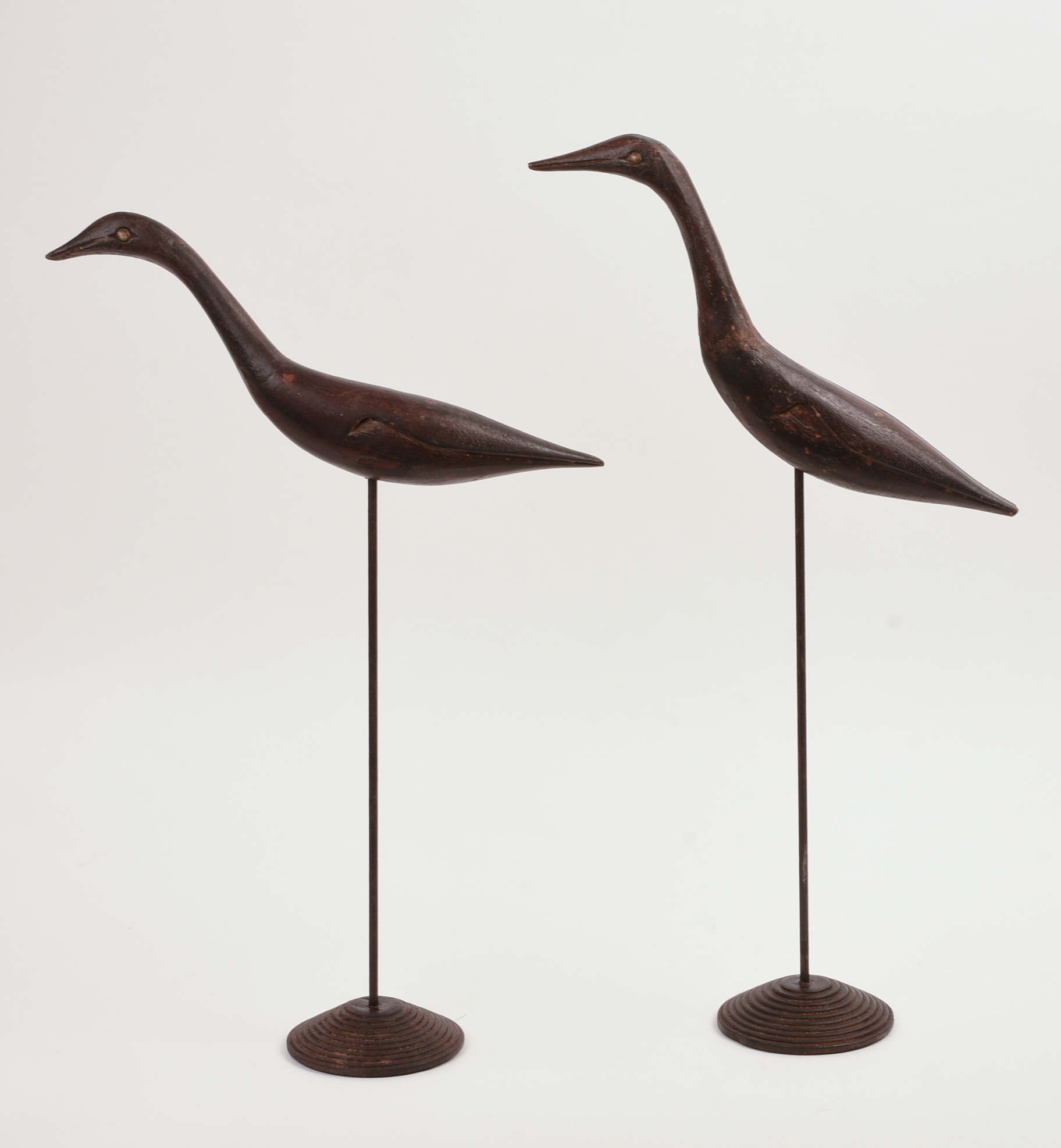 TWO EARLY 20TH CENTURY WOOD SHORE BIRDS ON STANDS.