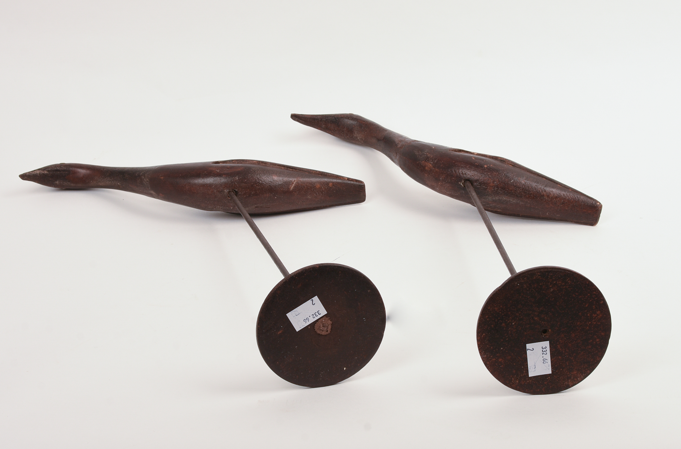 TWO EARLY 20TH CENTURY WOOD SHORE BIRDS ON STANDS.