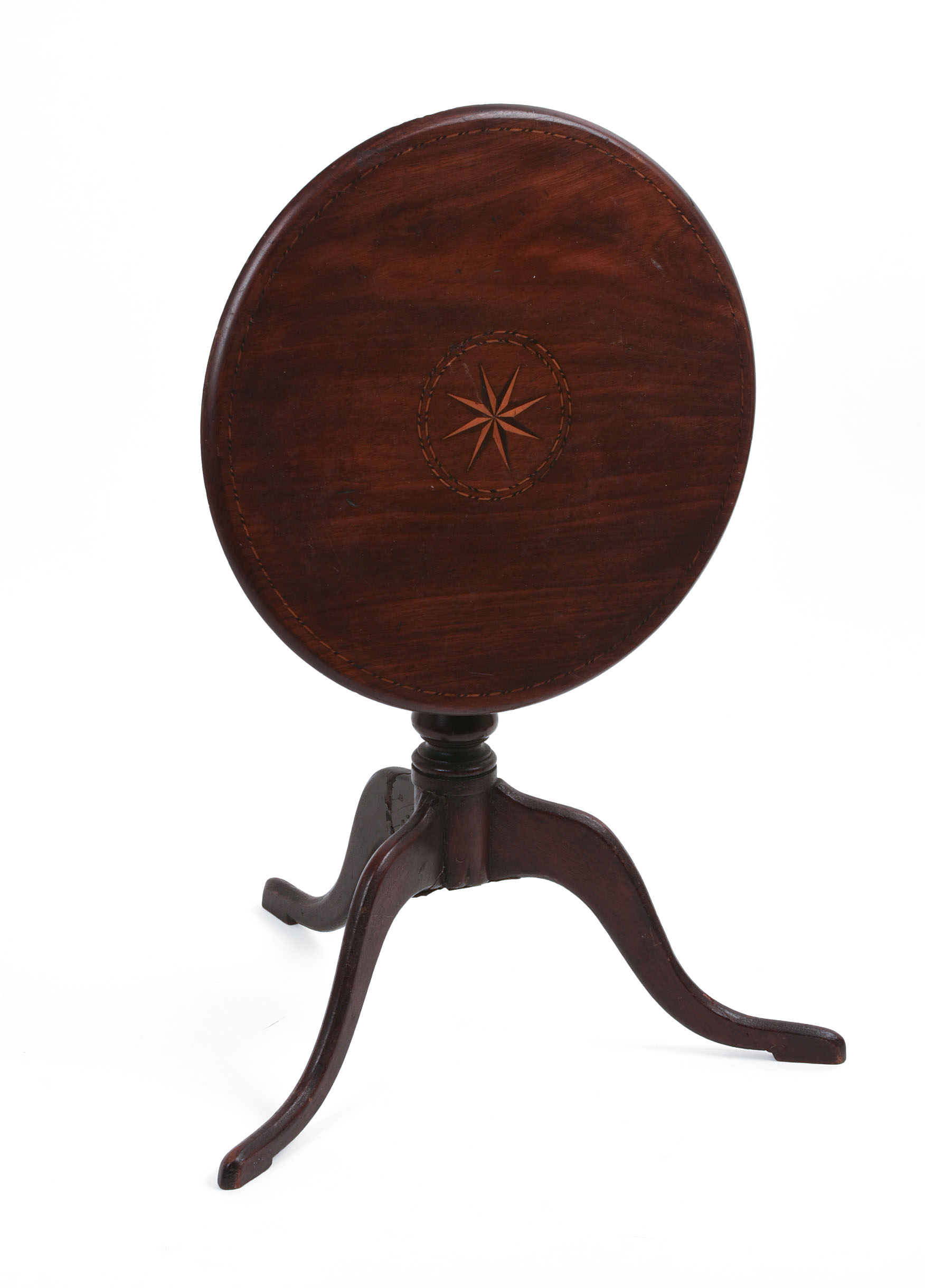 RARE 18TH C MAHOGANY QUEEN ANNE MINIATURE TILT-TOP TABLE.