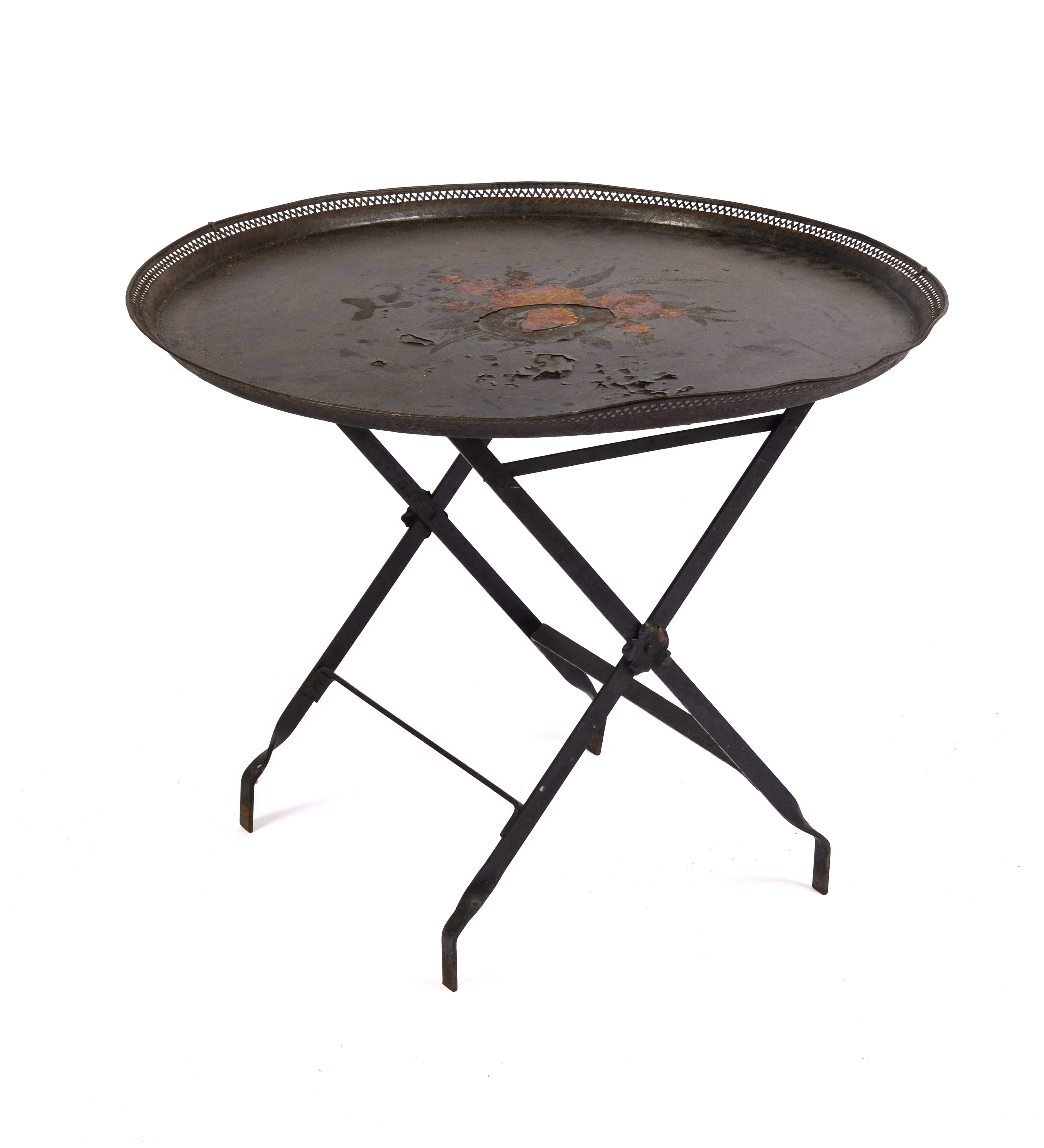 19TH CENTURY PAINTED TIN TRAY TABLE.