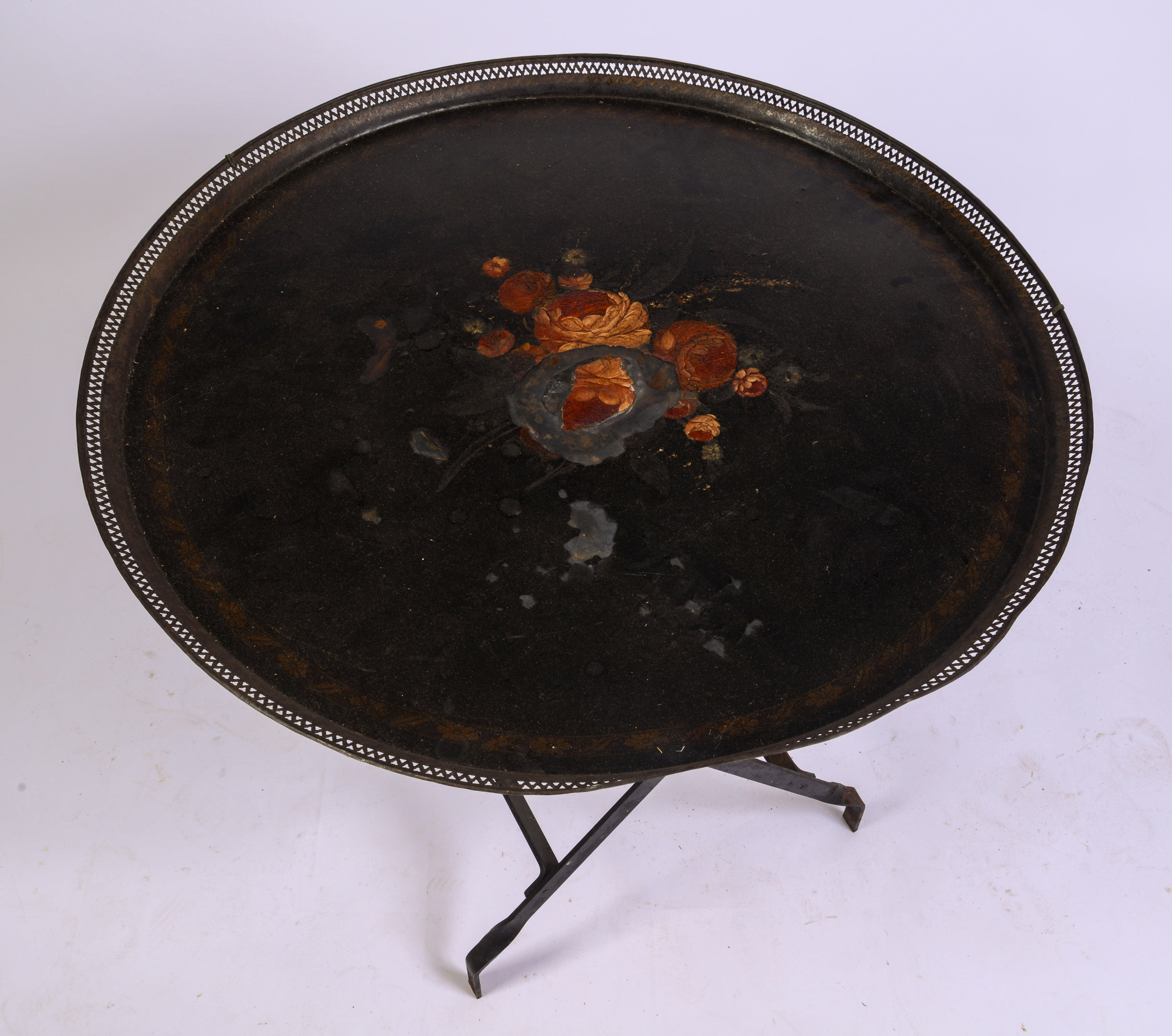 19TH CENTURY PAINTED TIN TRAY TABLE.