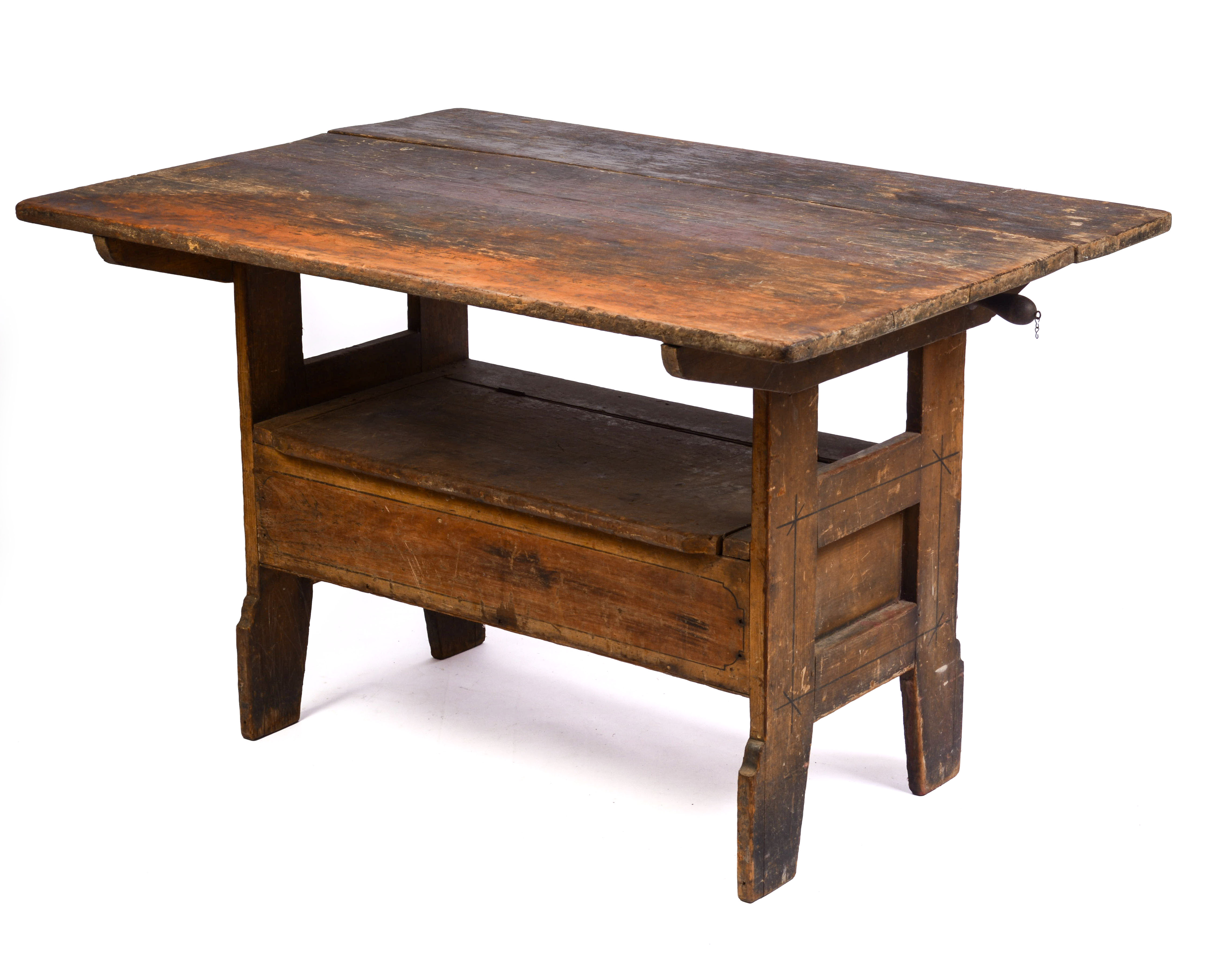 NEW ENGLAND PINE PAINT-DECORATED HUTCH TABLE.