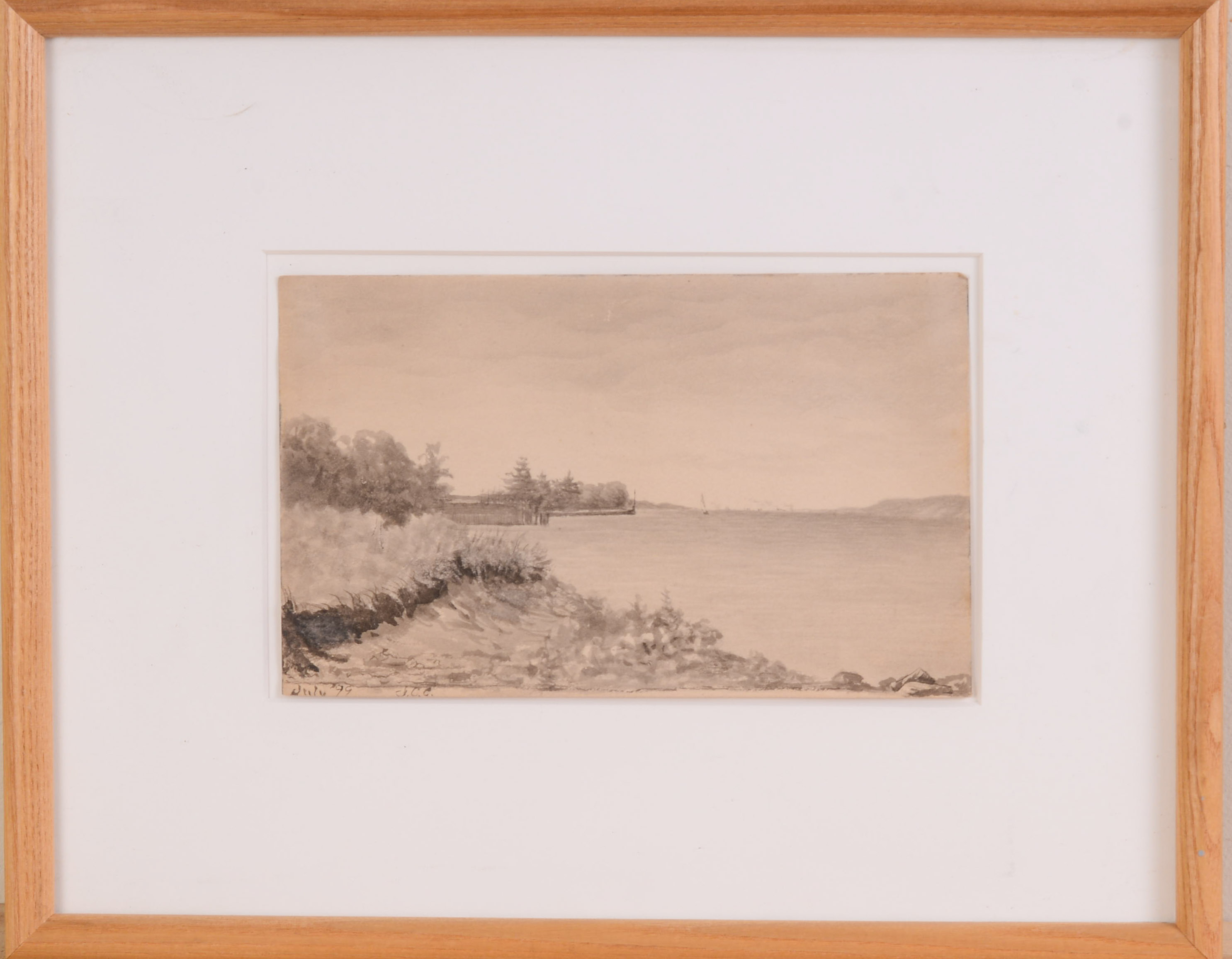 1899 MAINE COAST PENCIL AND WASH DRAWING.