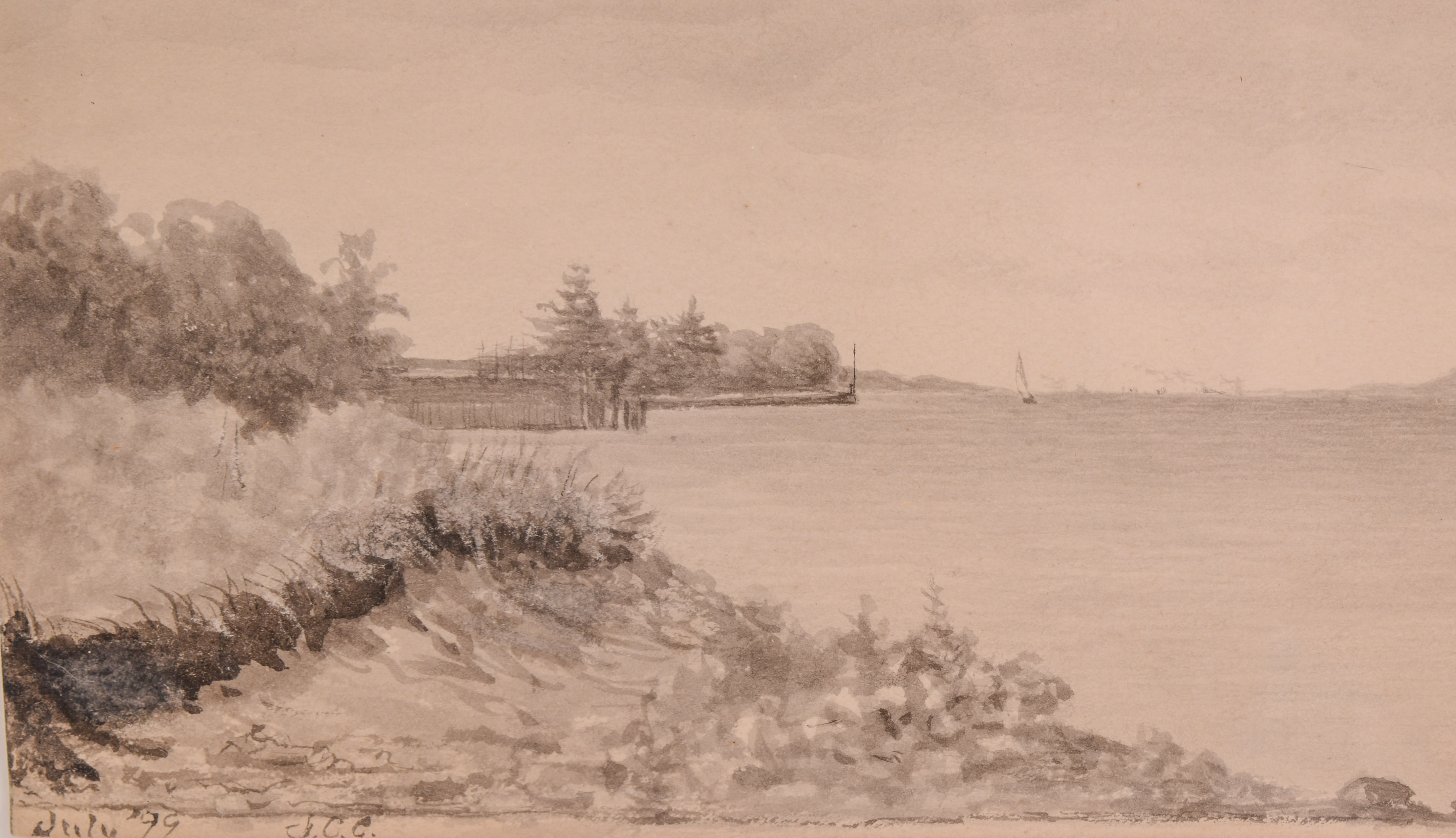 1899 MAINE COAST PENCIL AND WASH DRAWING.
