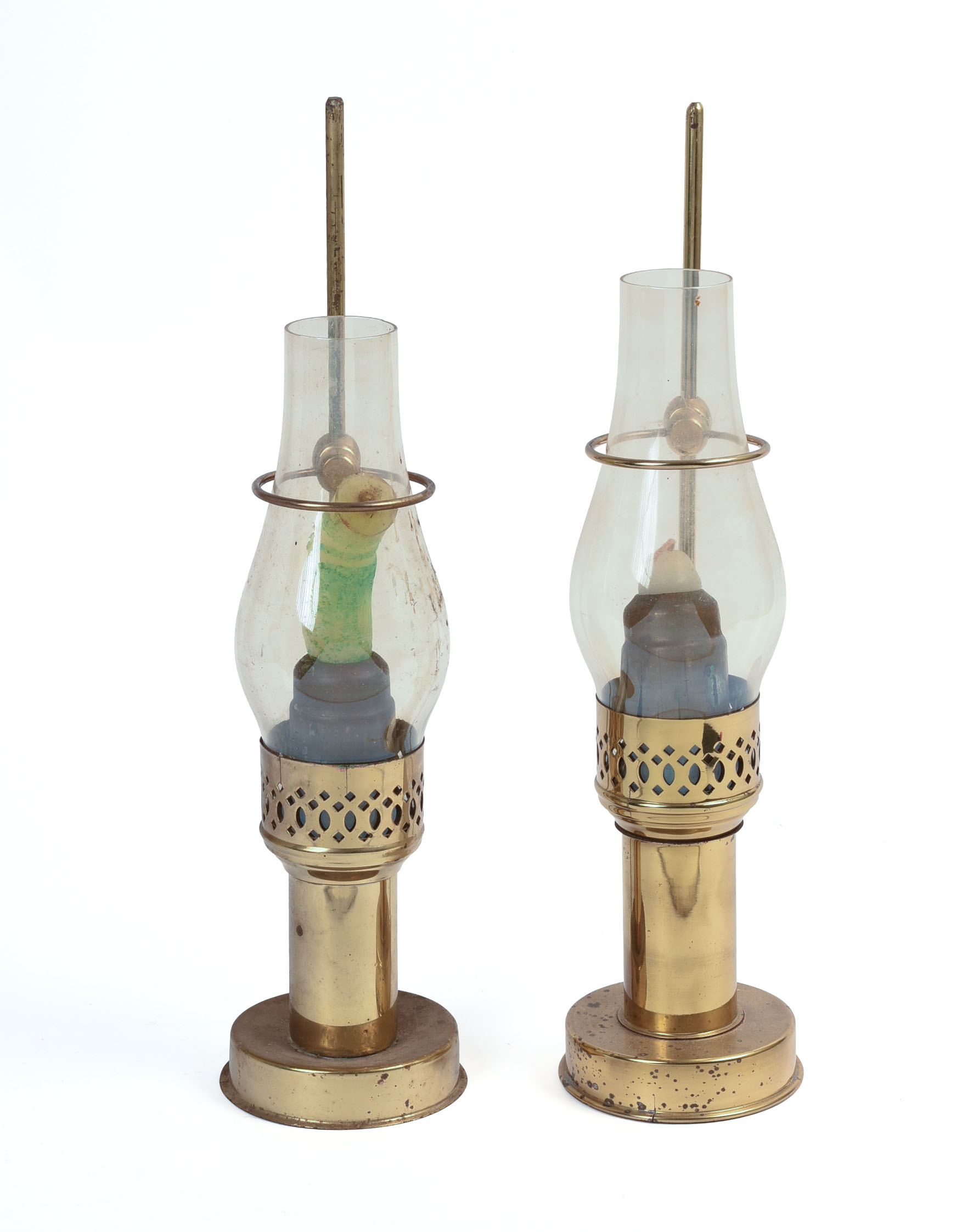 Pair of Brass Candle Holders With Hurricane Shades