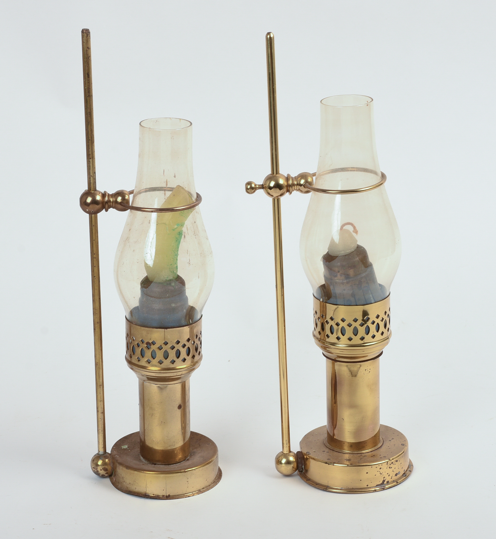 Pair of Brass Candle Holders With Hurricane Shades