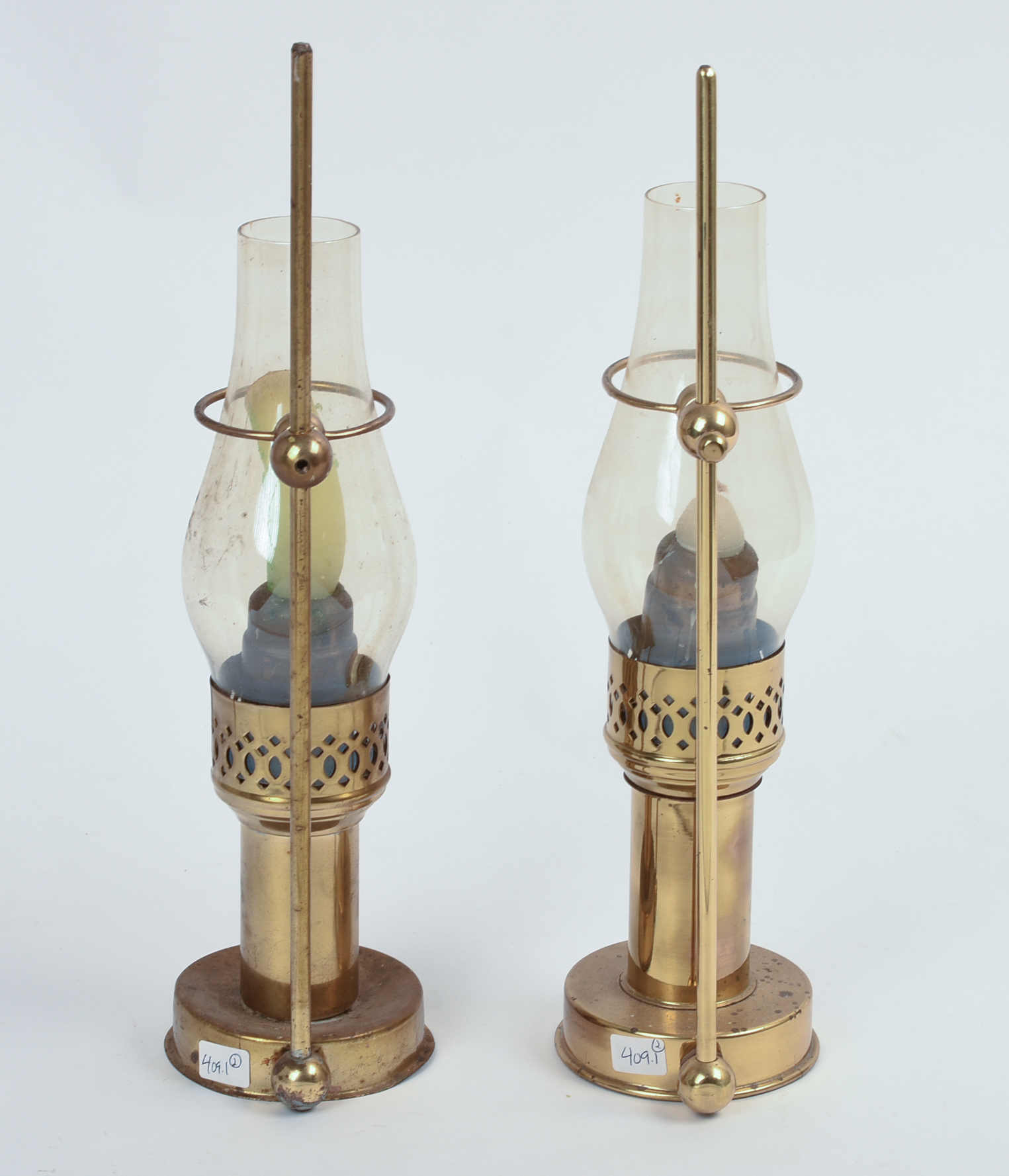 Pair of Brass Candle Holders With Hurricane Shades