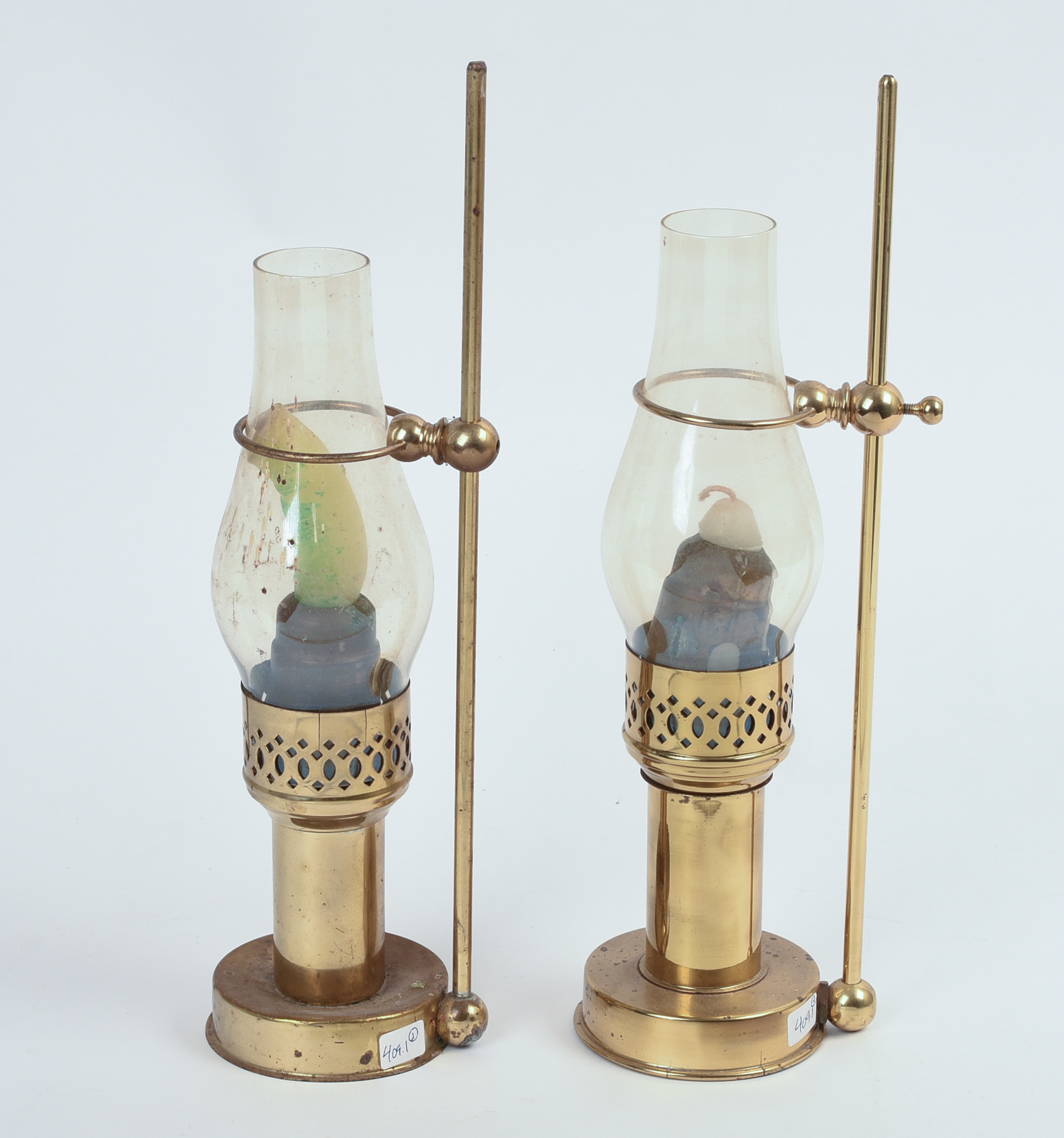 Pair of Brass Candle Holders With Hurricane Shades