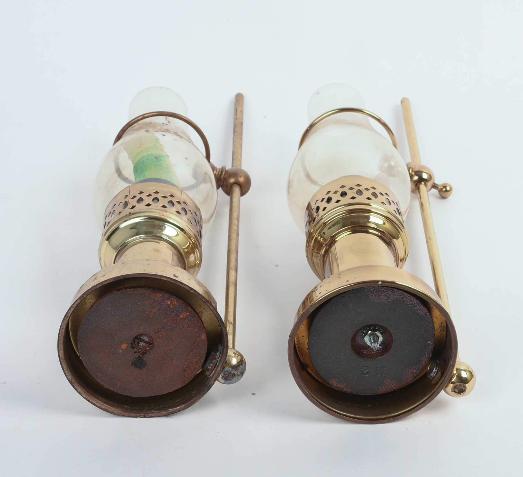 Pair of Brass Candle Holders With Hurricane Shades