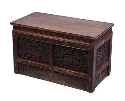 Tibetan Hand Carved Bench With Drawer. 19 x 31 x 15 inches. Some losses.
