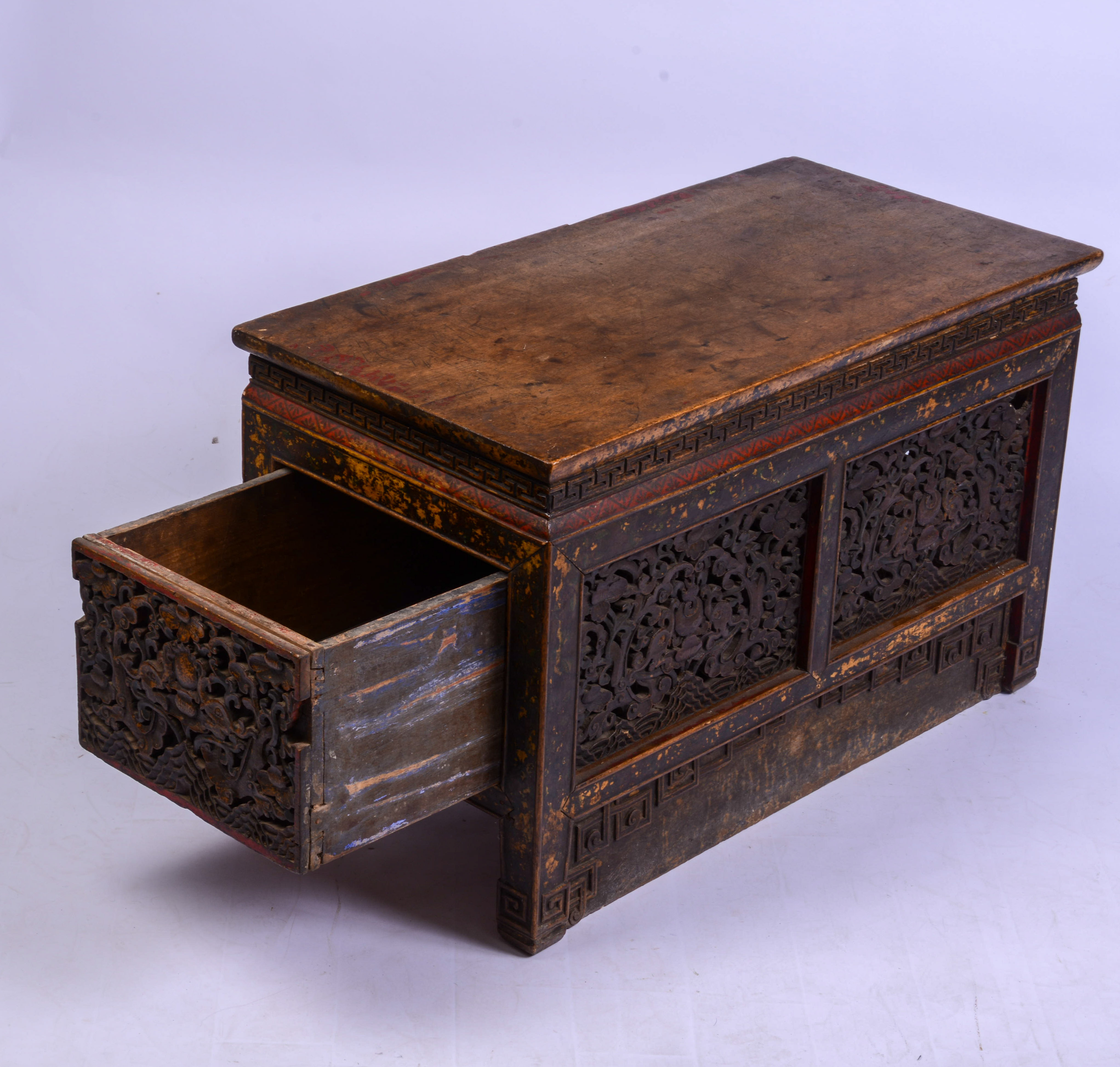 Tibetan Hand Carved Bench With Drawer.