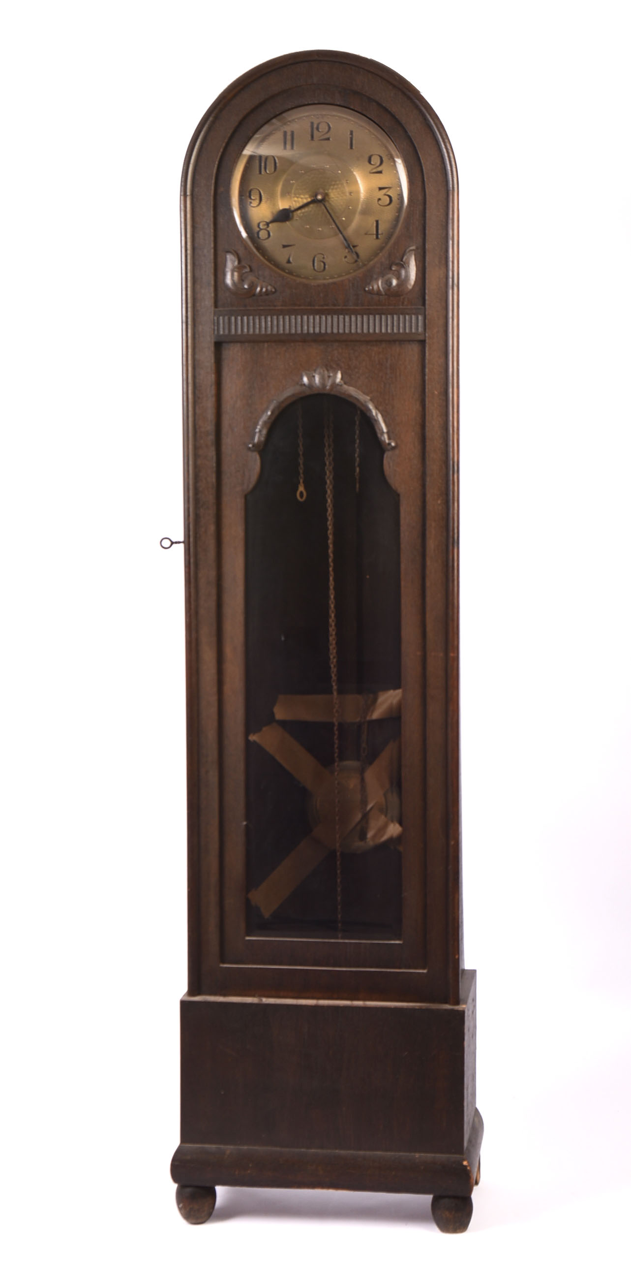 Oak Tall Case Clock With Hammered Copper Face.