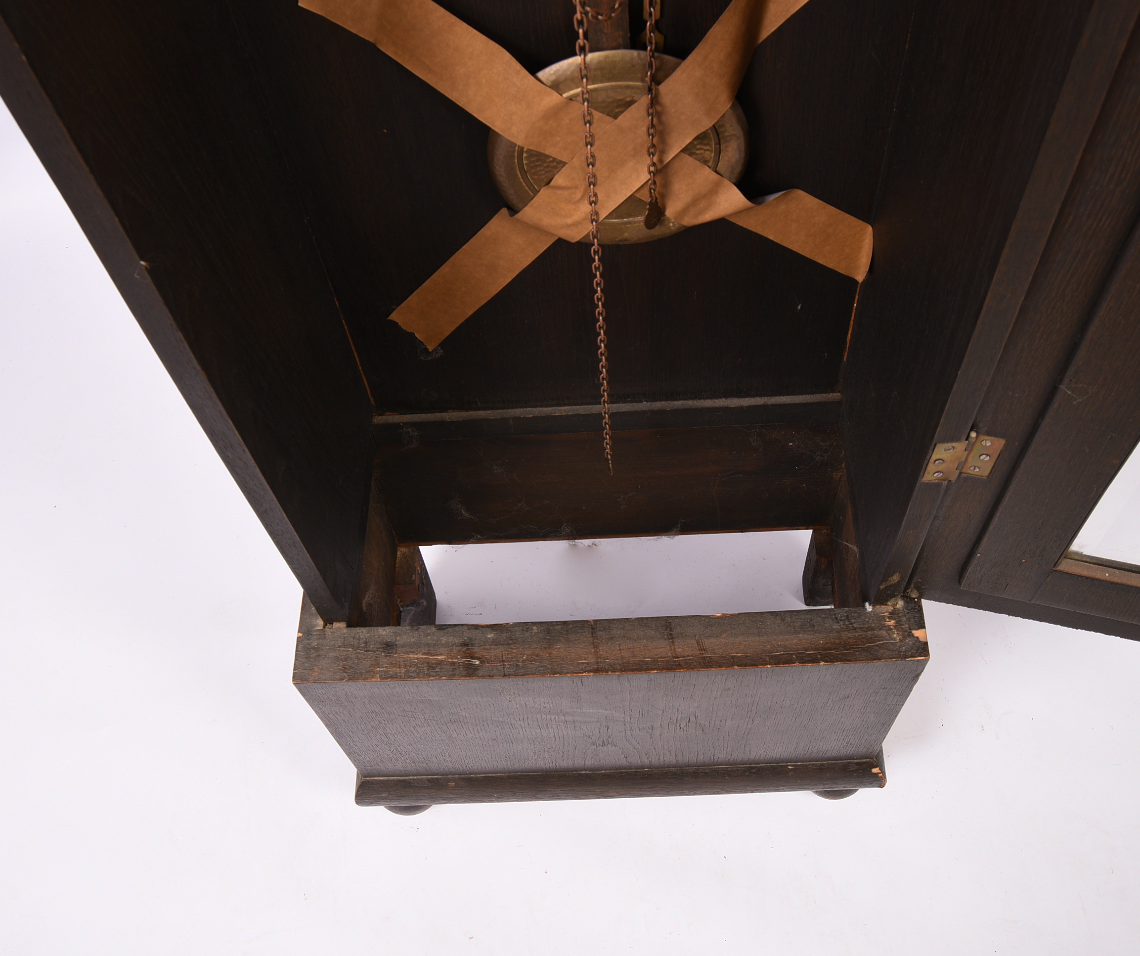 Oak Tall Case Clock With Hammered Copper Face.