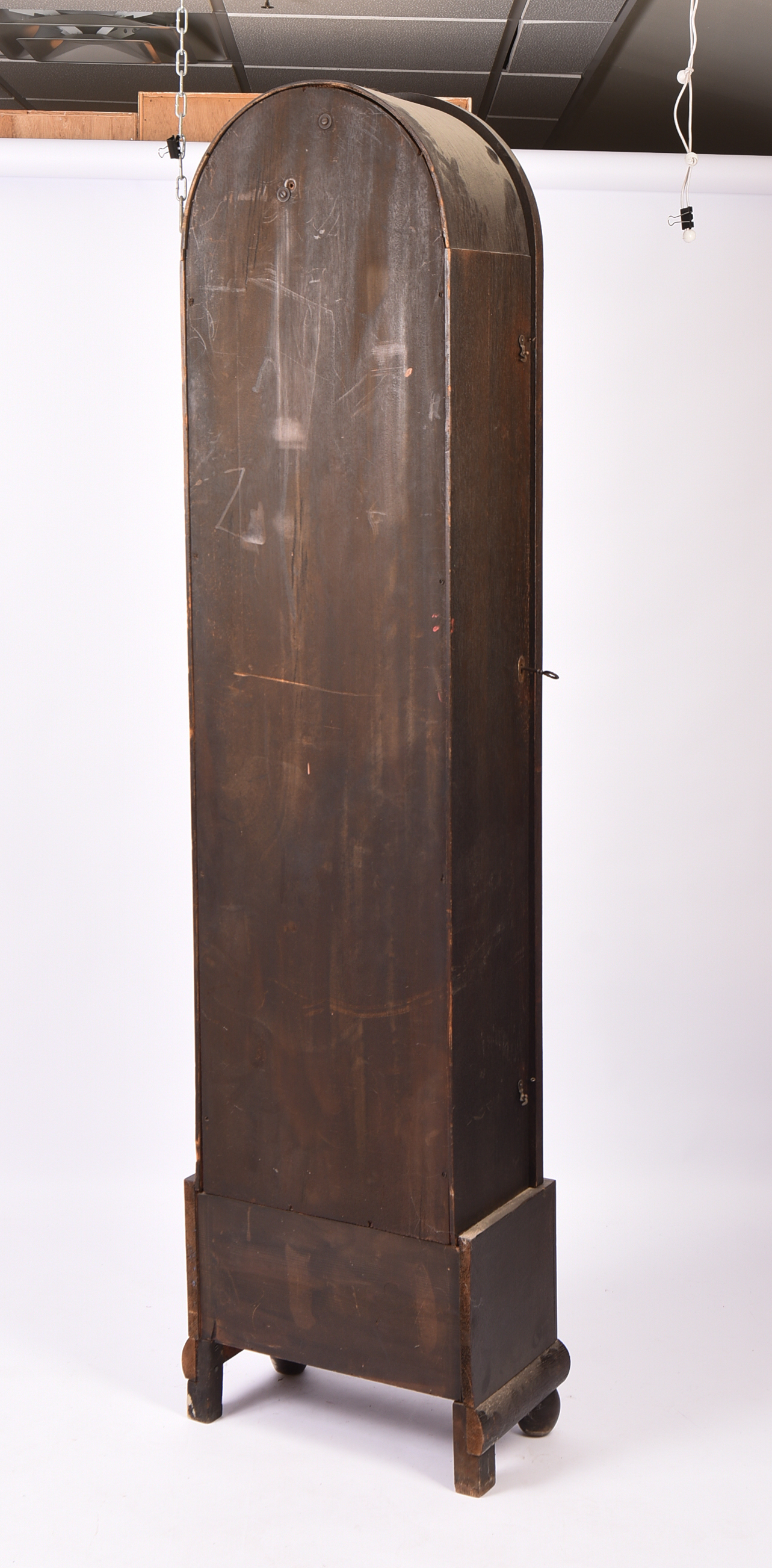 Oak Tall Case Clock With Hammered Copper Face.