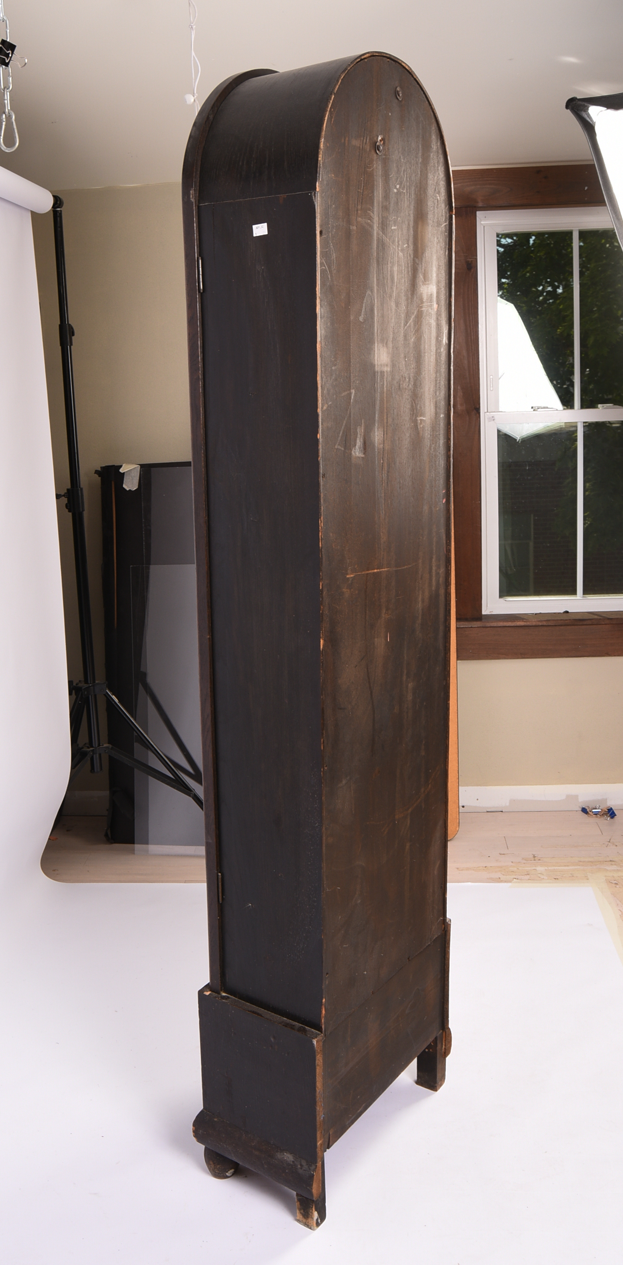 Oak Tall Case Clock With Hammered Copper Face.