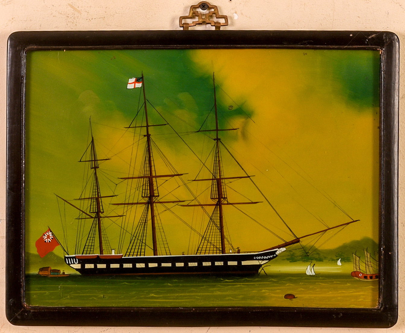 China Trade Reverse Painting on Glass of a British Ship.