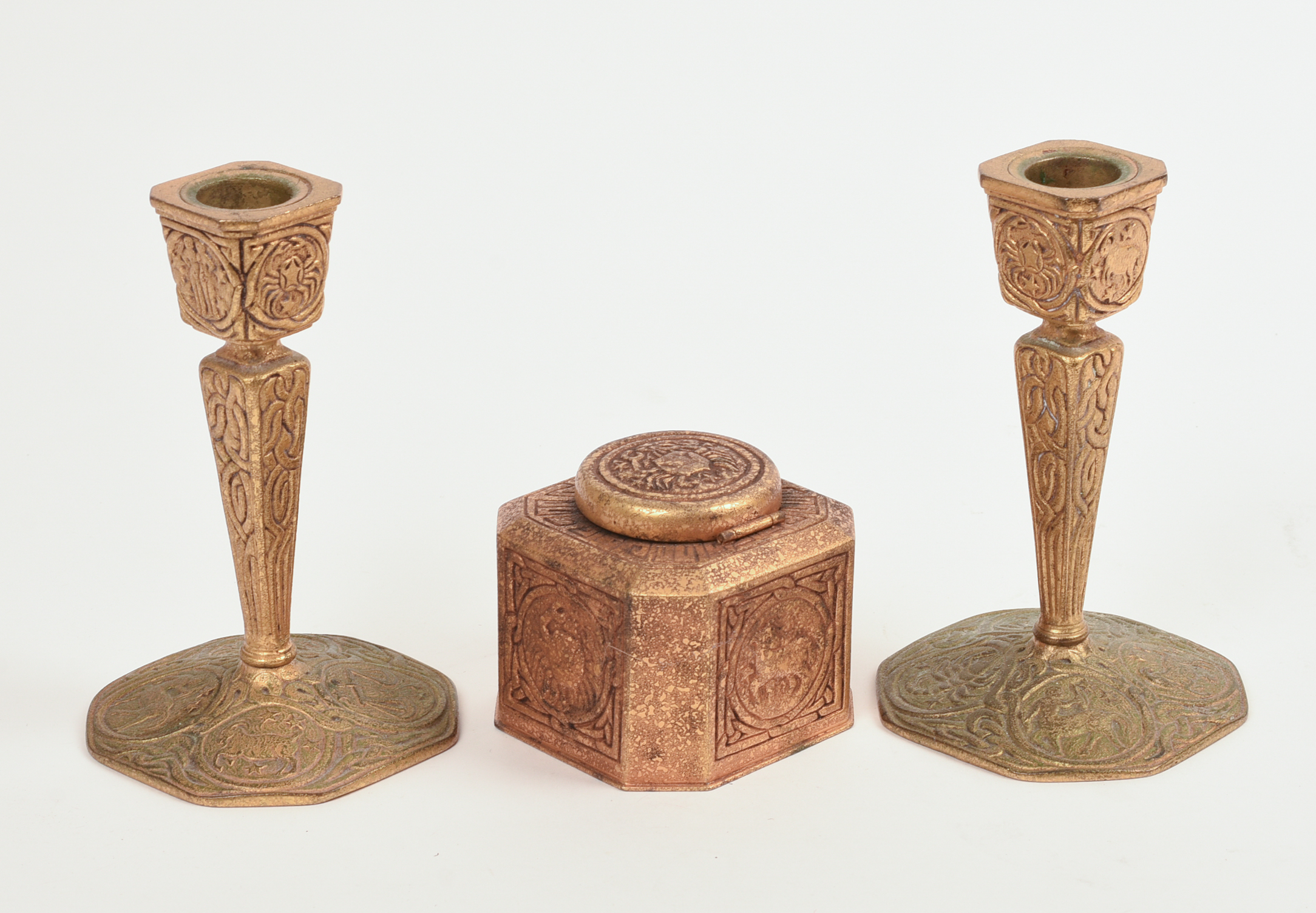 Pair of Tiffany & Co Candlesticks and an Inkwell.