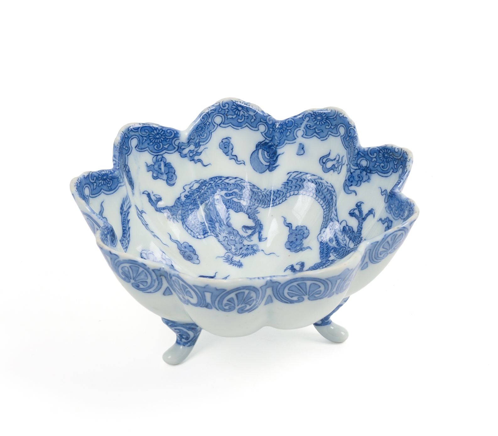 Chinese Blue and White Footed Bowl With Dragons.