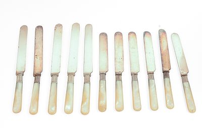 11 Mother of Pearl Handle Knives. Length 9 inches.