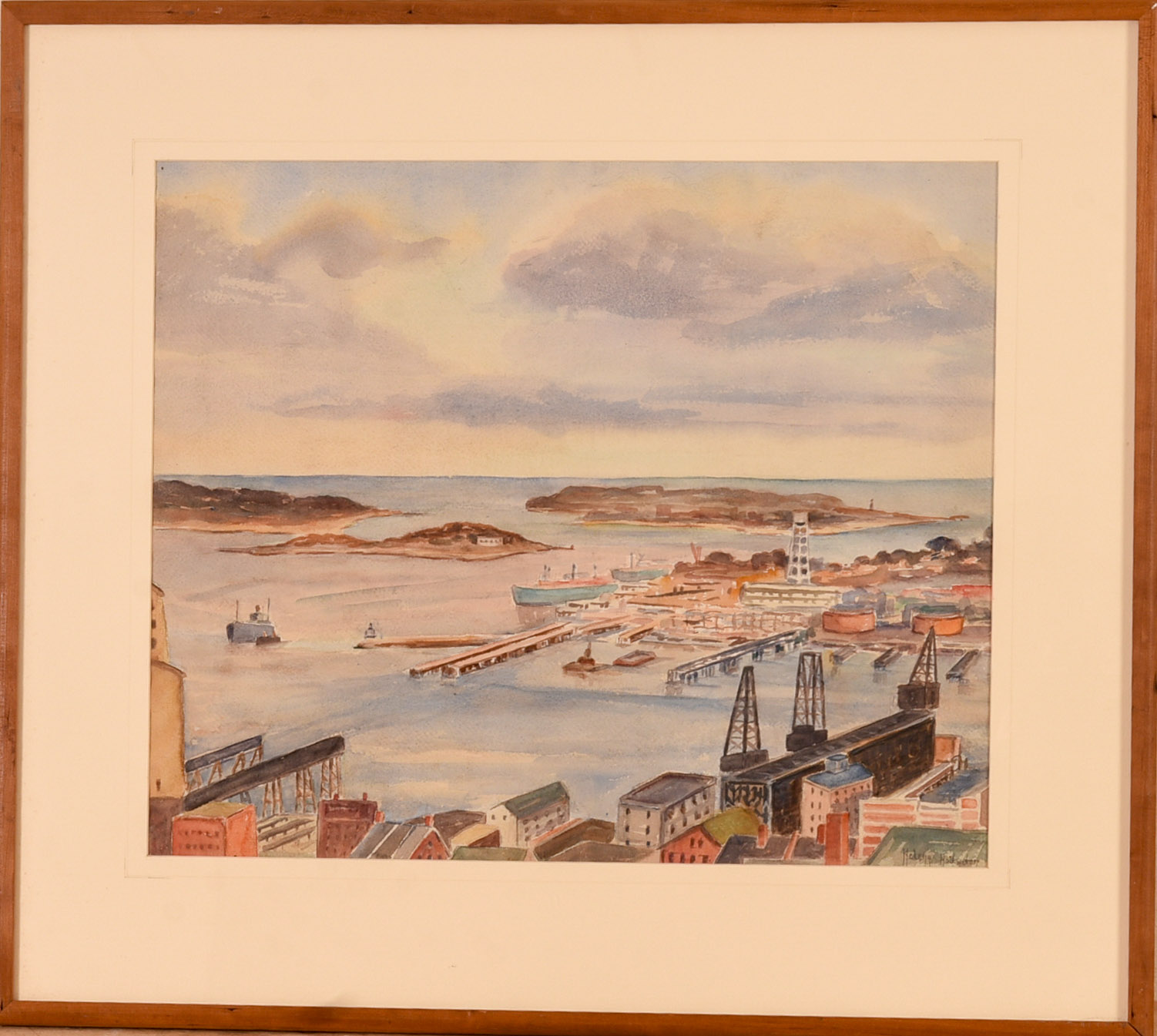 Mid Century Watercolor of a Working Waterfront.