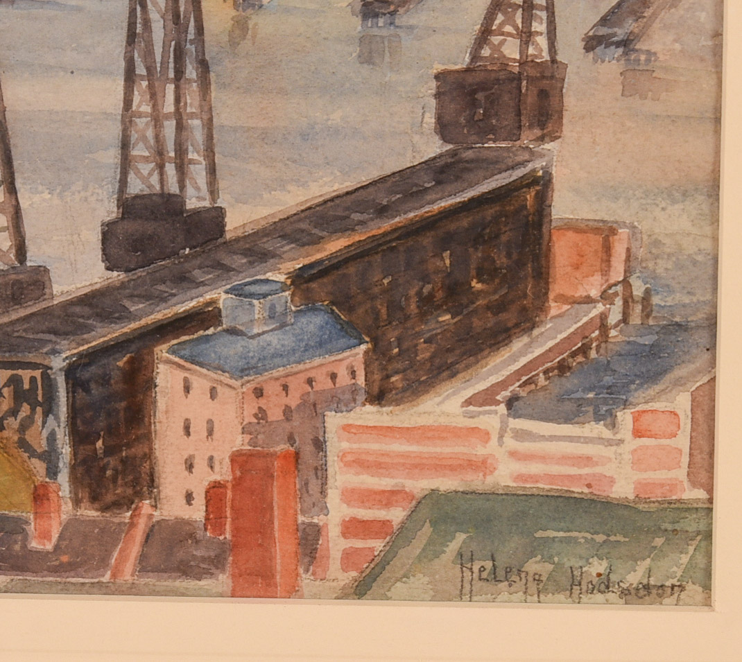 Mid Century Watercolor of a Working Waterfront.