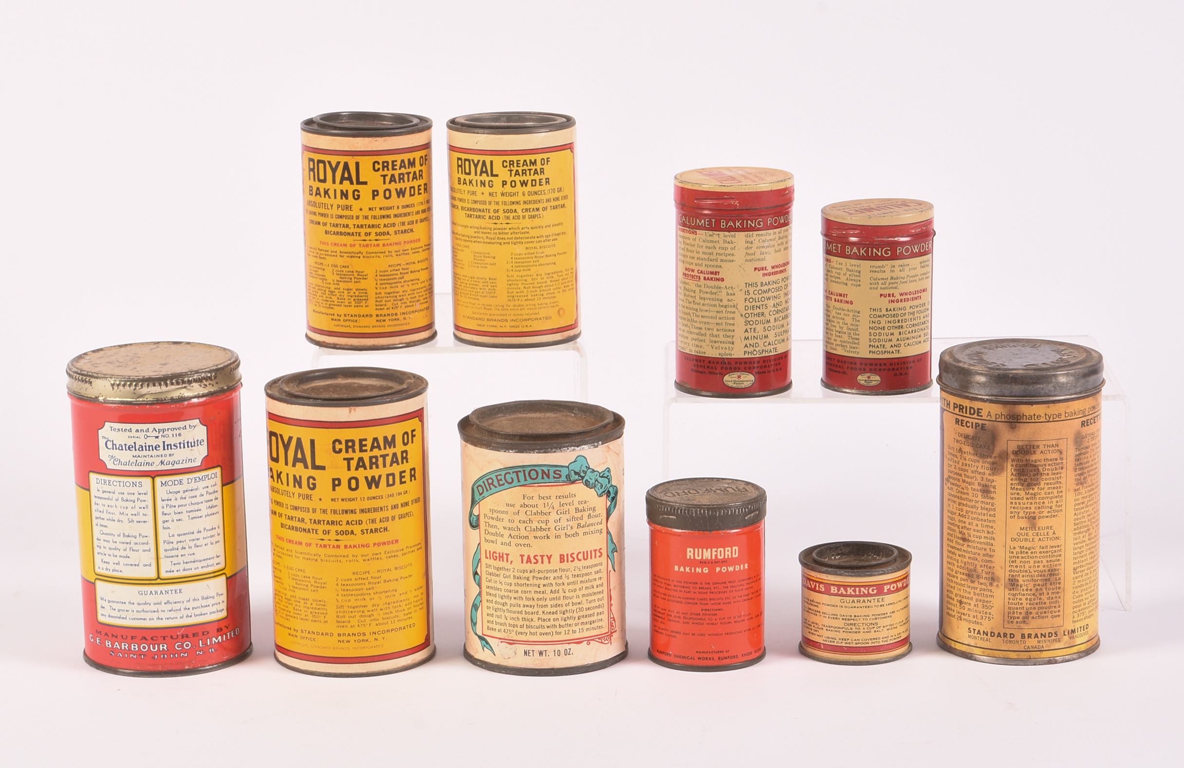 Ten Vintage Baking Powder Tins.