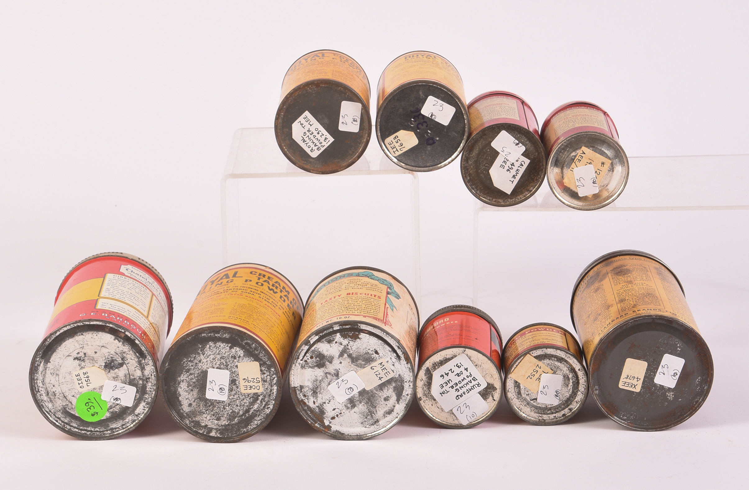 Ten Vintage Baking Powder Tins.