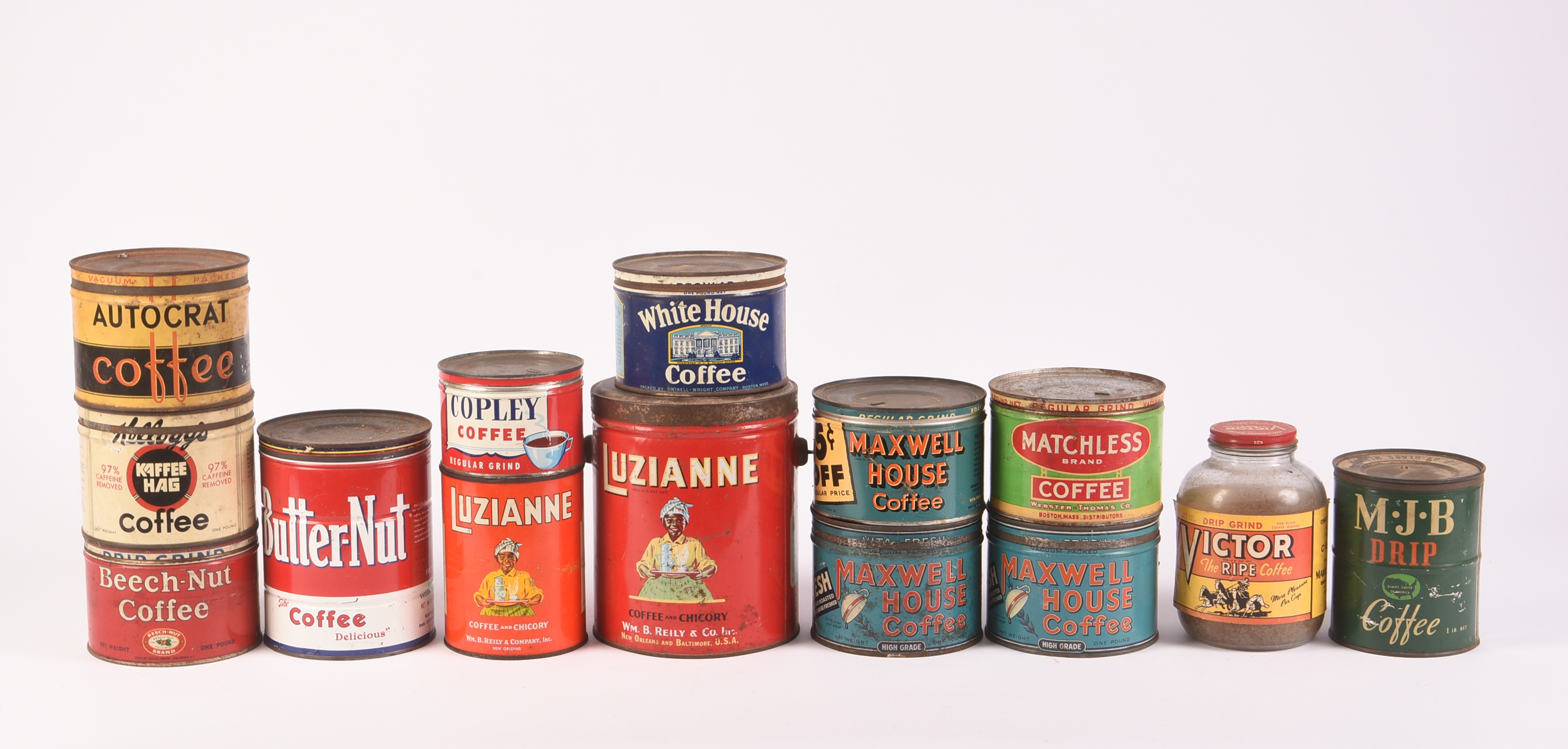 Thirteen Vintage Coffee Tins and a Jar.