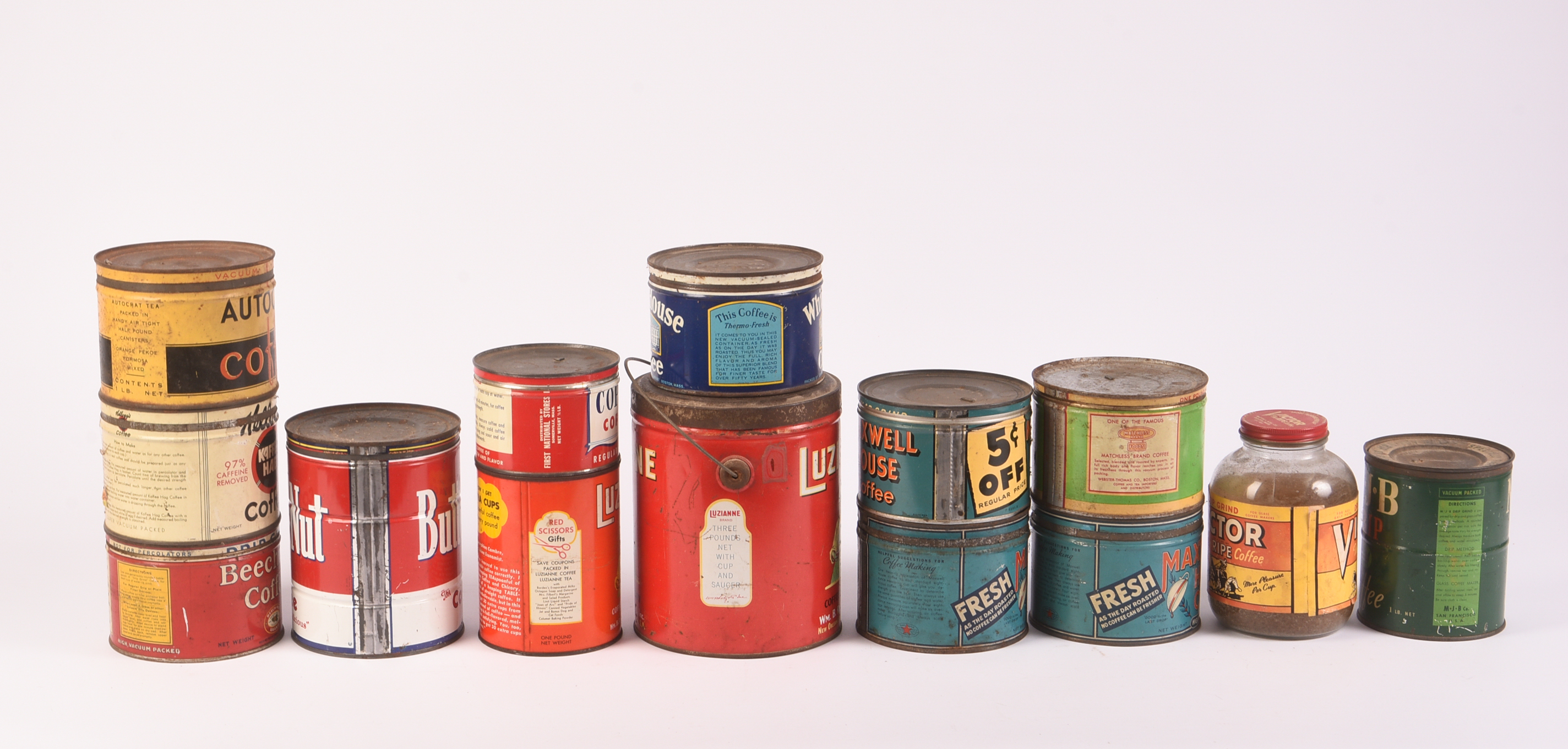 Thirteen Vintage Coffee Tins and a Jar.