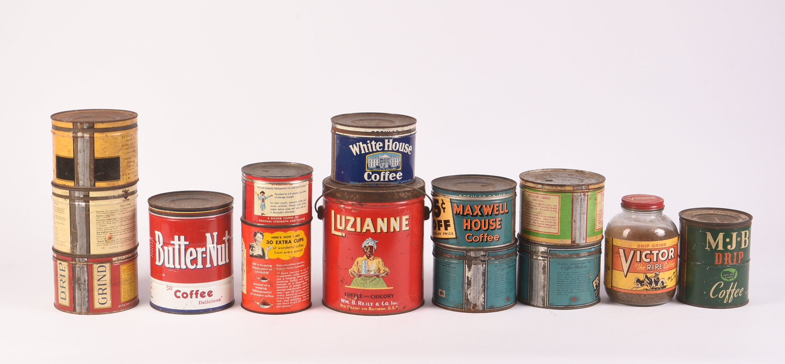 Thirteen Vintage Coffee Tins and a Jar.