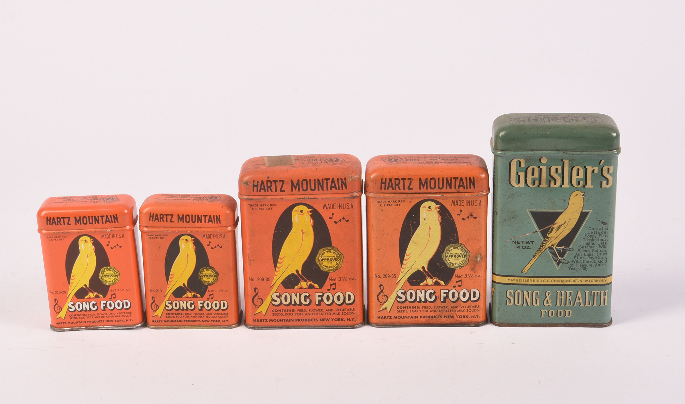 Five Vintage Bird Food Tins.