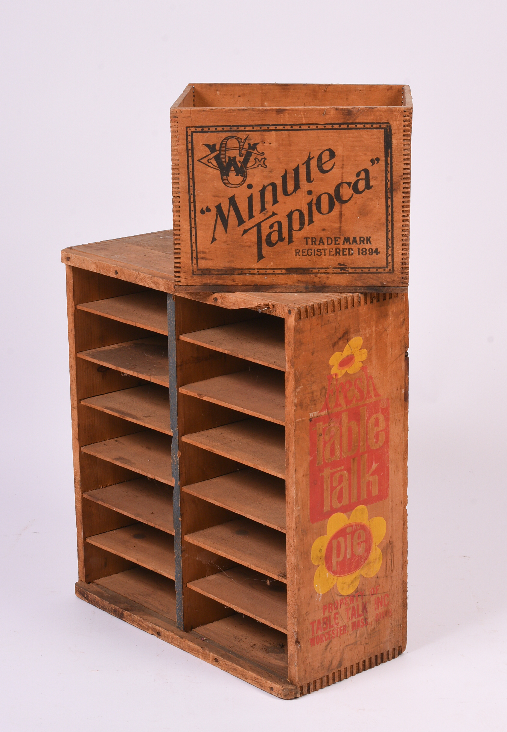 Vintage Table Talk Pie Shelves Circa 1970s, and Antique Advertising Crate.