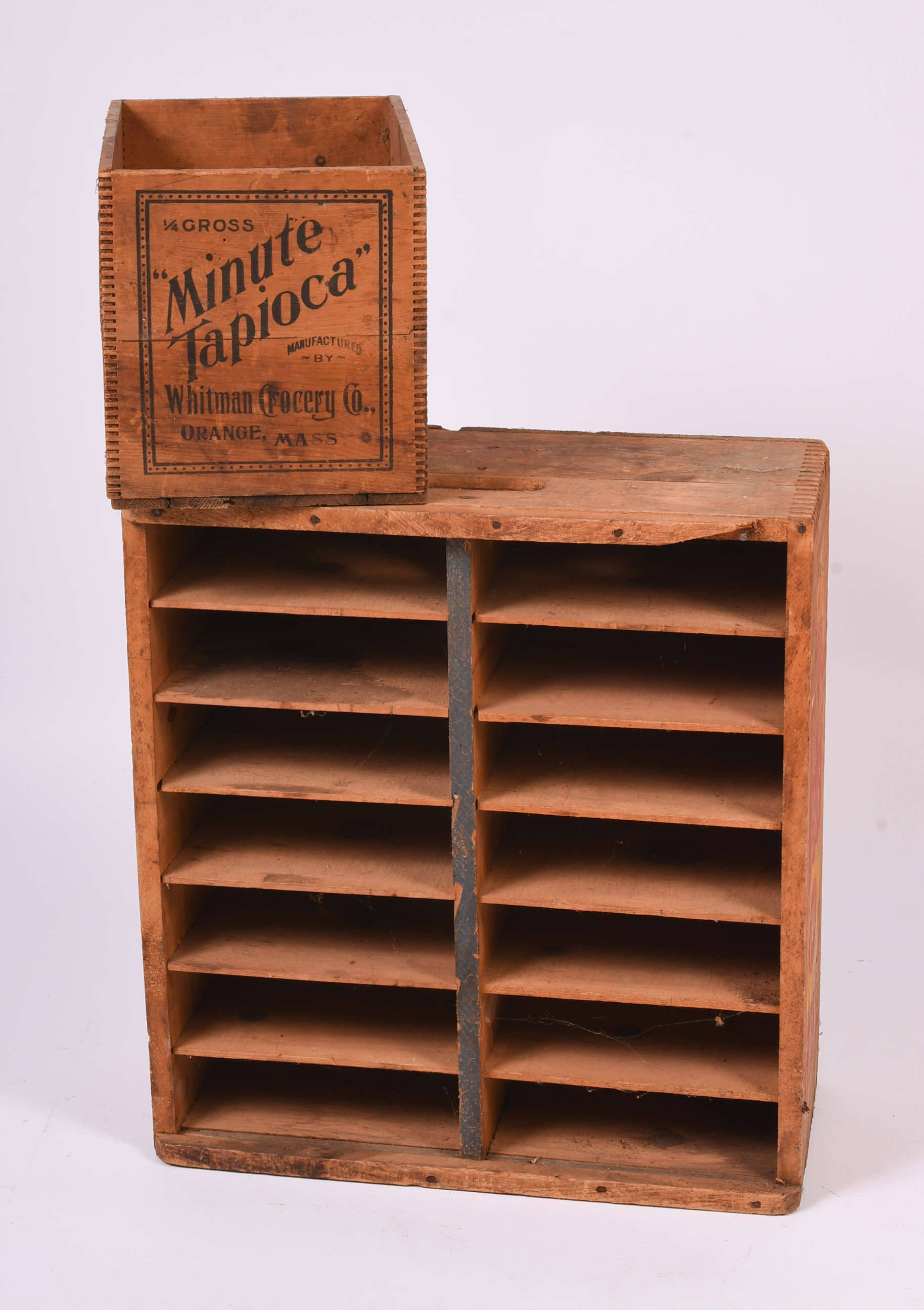 Vintage Table Talk Pie Shelves Circa 1970s, and Antique Advertising Crate.