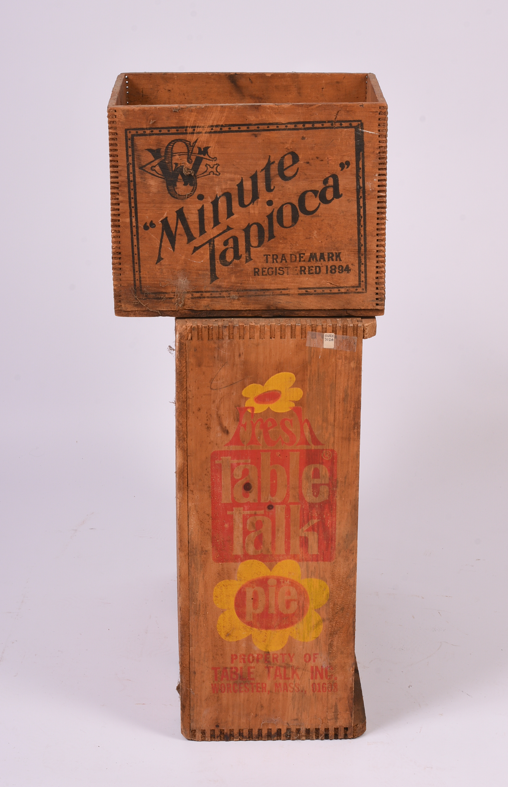 Vintage Table Talk Pie Shelves Circa 1970s, and Antique Advertising Crate.