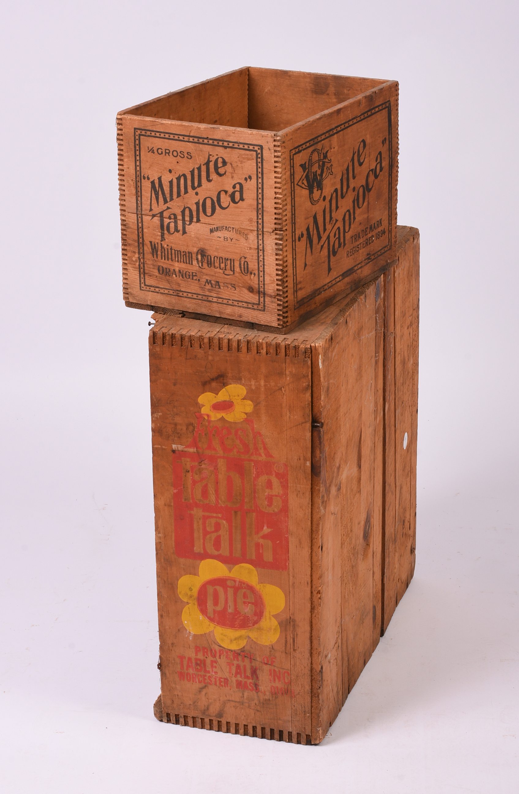 Vintage Table Talk Pie Shelves Circa 1970s, and Antique Advertising Crate.