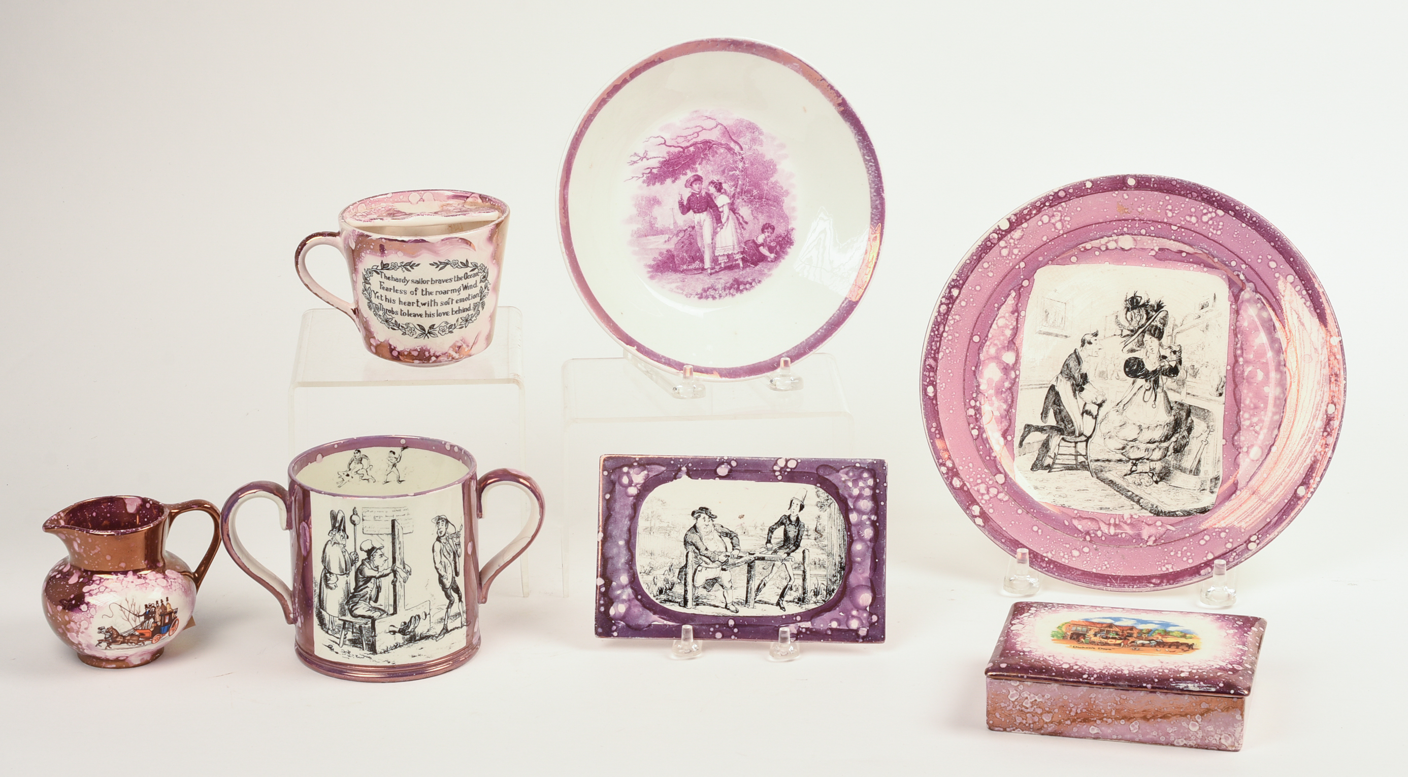 Seven Sunderland Pink Lustre Transfer Printed Wares.