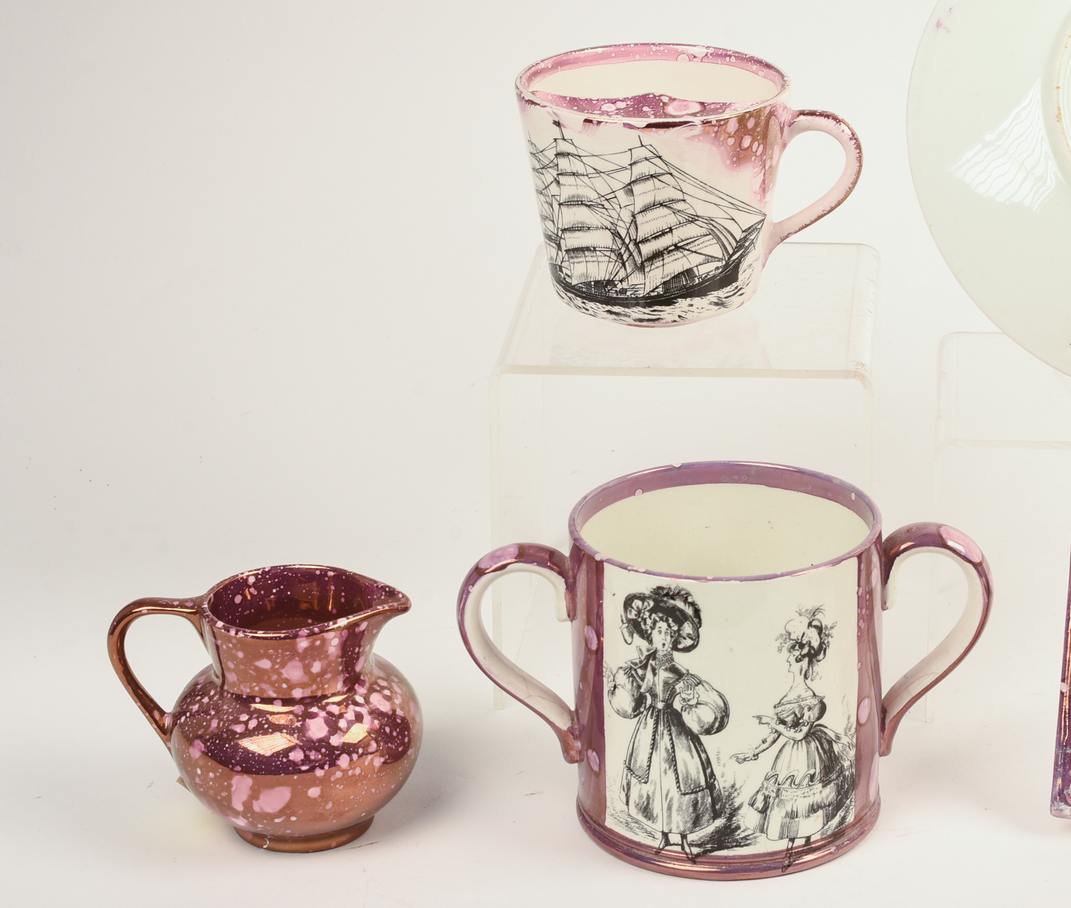 Seven Sunderland Pink Lustre Transfer Printed Wares.