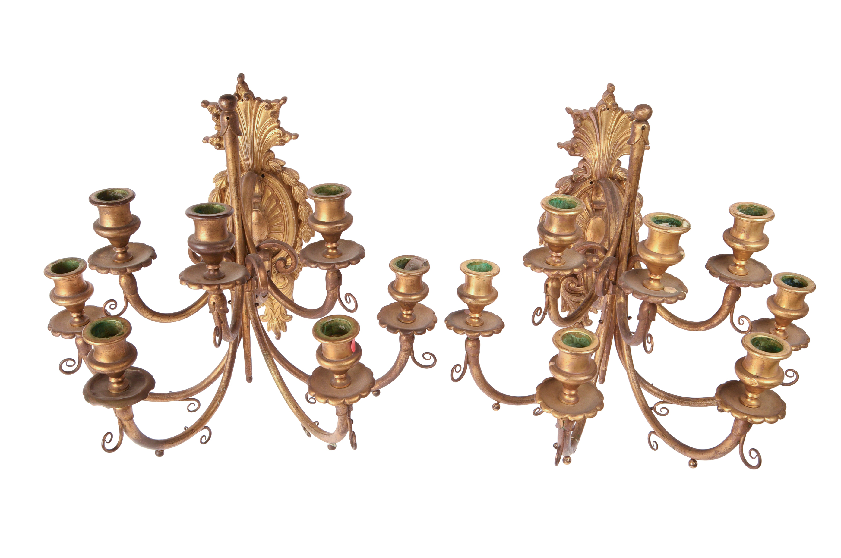 Pair of Ornate Gilt Metal Seven Light Wall Sconces.