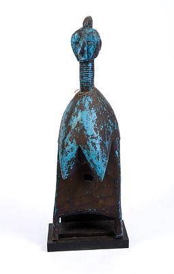 African Carved Figure in Blue Paint. Height 36 inches. With stand.