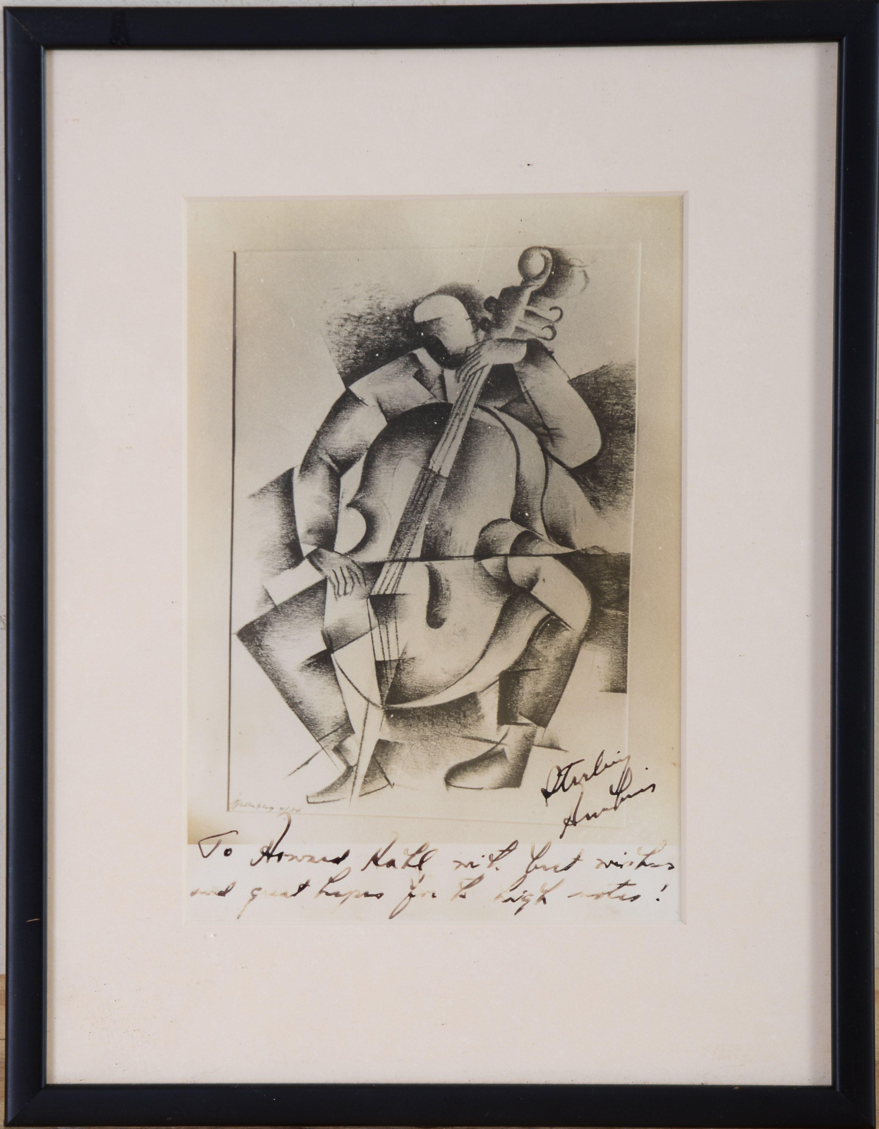 Signed Cubist Print of a Man Playing a Cello.